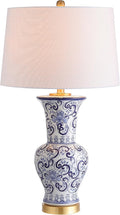 JONATHAN Y 28.5' Blue/White Chinoiserie Ceramic LED Table Lamp, Traditional Hand-Painted Floral Vase Lamp for Living Room, White Linen Shade, LED Bulb Included JYL5014A