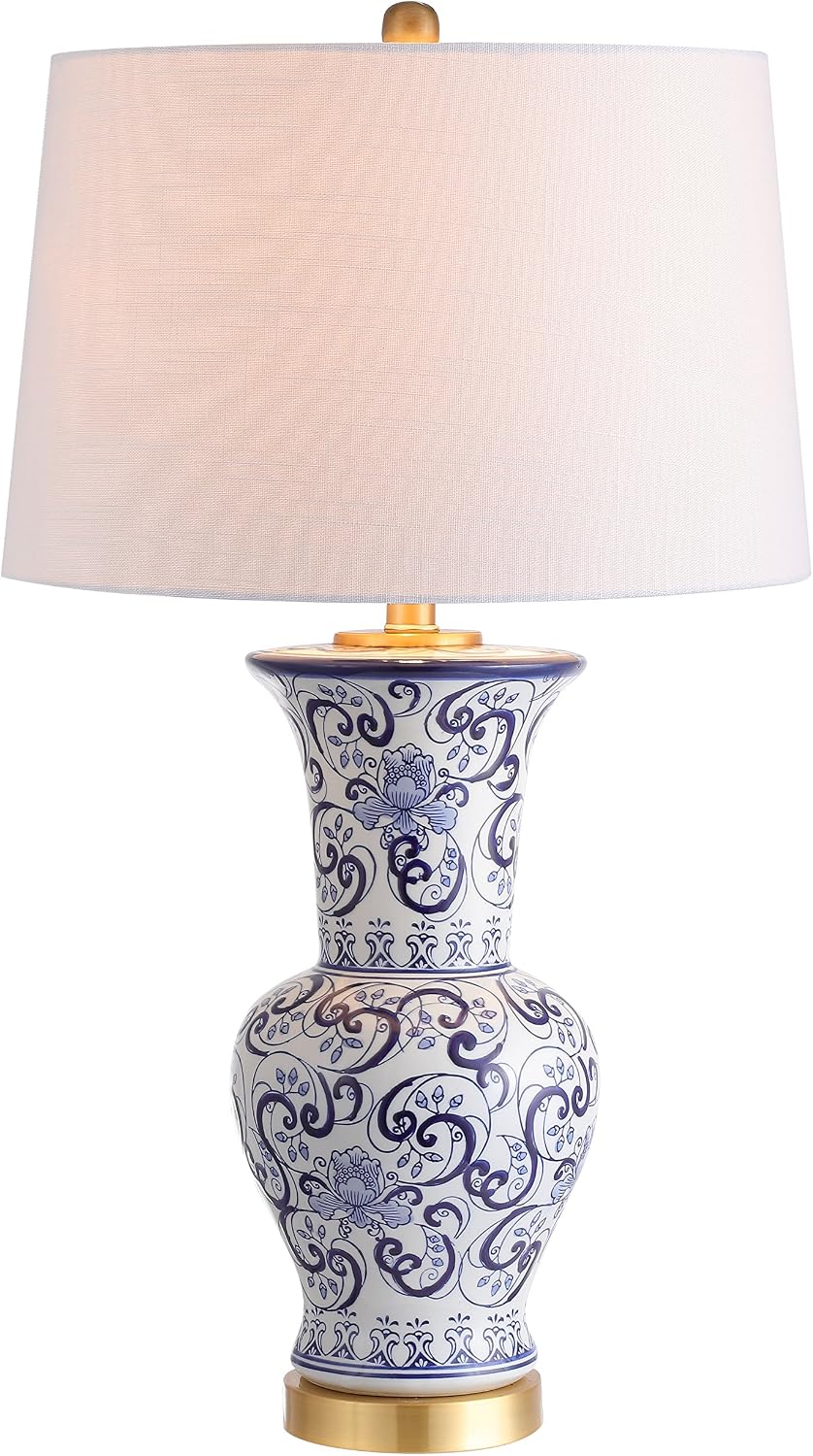 JONATHAN Y 28.5' Blue/White Chinoiserie Ceramic LED Table Lamp, Traditional Hand-Painted Floral Vase Lamp for Living Room, White Linen Shade, LED Bulb Included JYL5014A