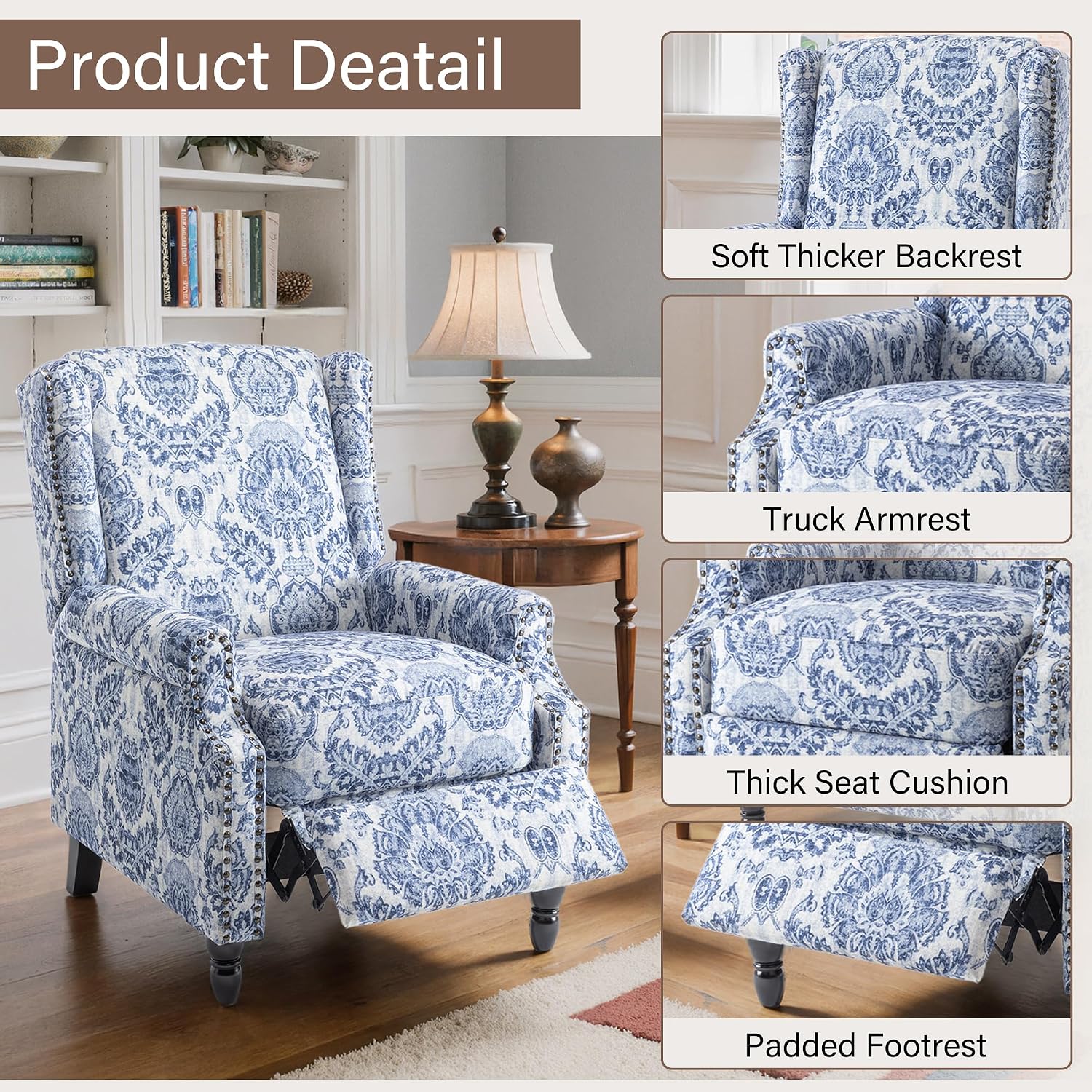 Set of 2 Floral Pushback Recliner Chairs, Fabric Upholstered Rivet Trim Accent Club Chairs for Living Room, Home Theater- Bule Pattern