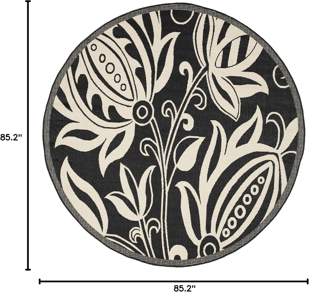 SAFAVIEH Courtyard Collection 7'10' Round Black / Sand CY2961 Floral Indoor/ Outdoor Waterproof Easy-Cleaning Patio Backyard Mudroom Area-Rug