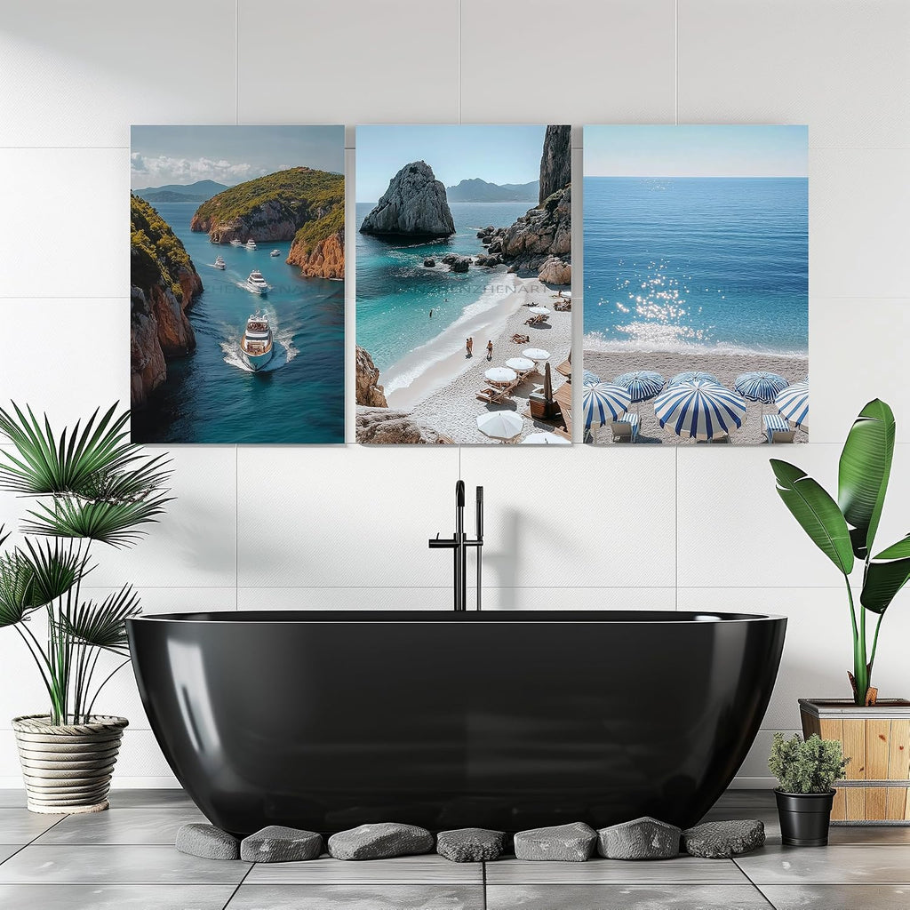 LANZHENZHENART 3Pcs European Coastal Beach Wall Art Greece Travel Picture Canvas Painting Prints For Home Dining Room Living Room Wall Decor Poster Artwork(24' x 36' x 3 Panels Framed)