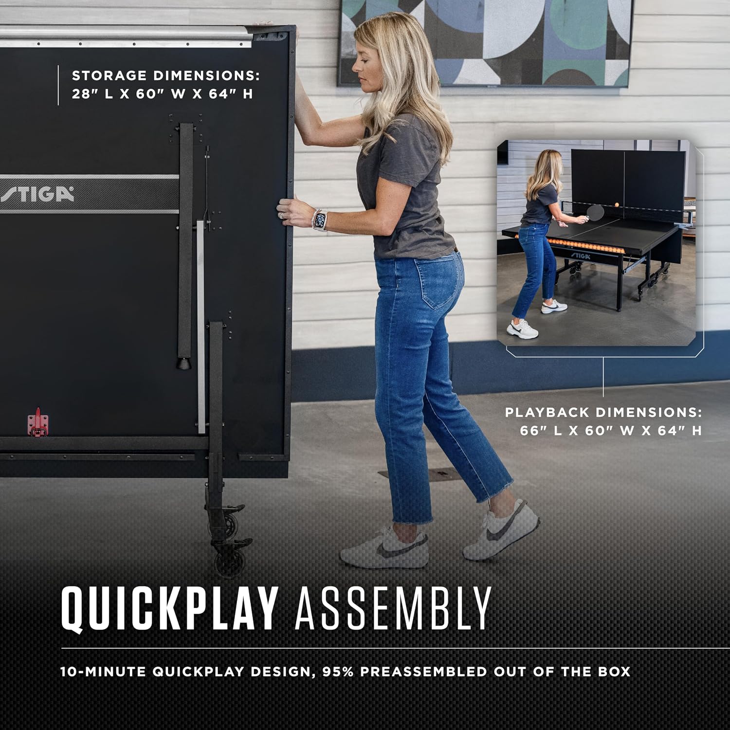 STIGA Carbon Series Indoor Table Tennis Table with 15mm - 18mm Performance Top, QuickPlay Assembly, Built-in Ball Storage, Foldable Playback Mode & Lockable Casters
