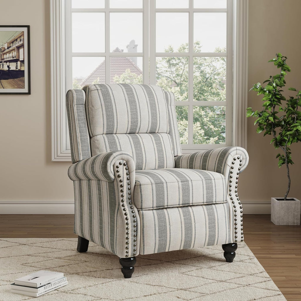 Pushback Recliner Chair, Comfy Fabric Wingback Recliner Chair, Upholstered Armchair Push Back Recliner with Wood Legs, Rivet Trim Single Sofa Accent Chair for Living Room, Bedroom, Gray Stripe