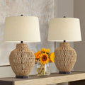 360 Lighting San Marcos 27' Tall Modern Coastal Cottage Core Table Lamps Set of 2 Natural Wicker Metal Fabric Oatmeal Shade Living Room Bedroom Bedside Nightstand House Office Home Reading Kitchen