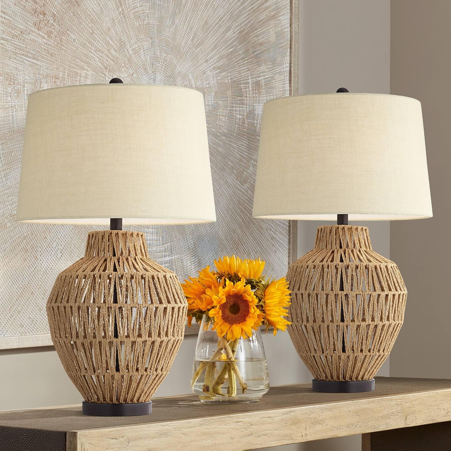 360 Lighting San Marcos 27' Tall Modern Coastal Cottage Core Table Lamps Set of 2 Natural Wicker Metal Fabric Oatmeal Shade Living Room Bedroom Bedside Nightstand House Office Home Reading Kitchen