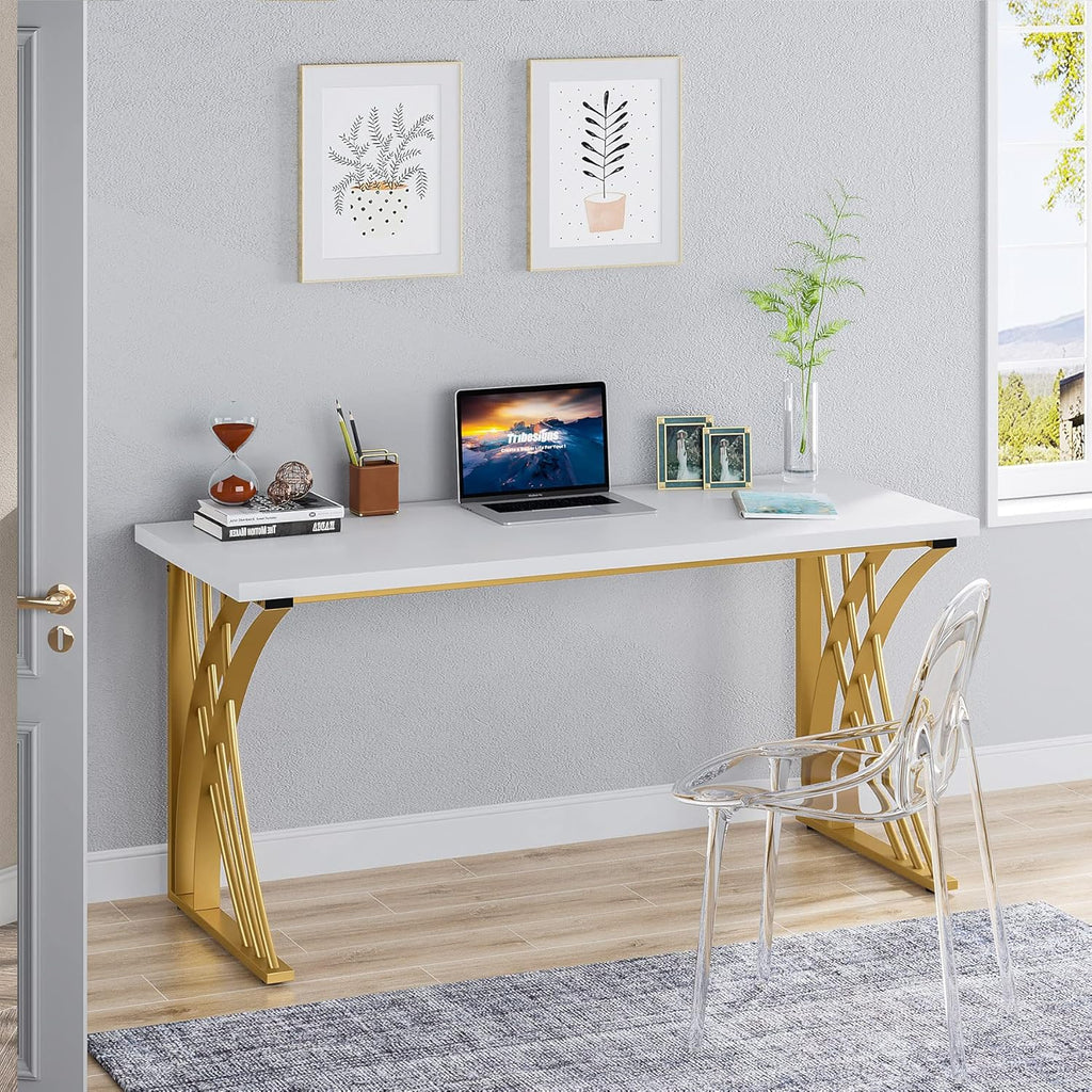 LITTLE TREE 55'' Large Modern Computer Desk, White & Gold Luxury Laptop PC Student Table, Makeup Vanity Table with Thick Frame & Strong Legs, Sturdy Writing Workstation for Home & Office