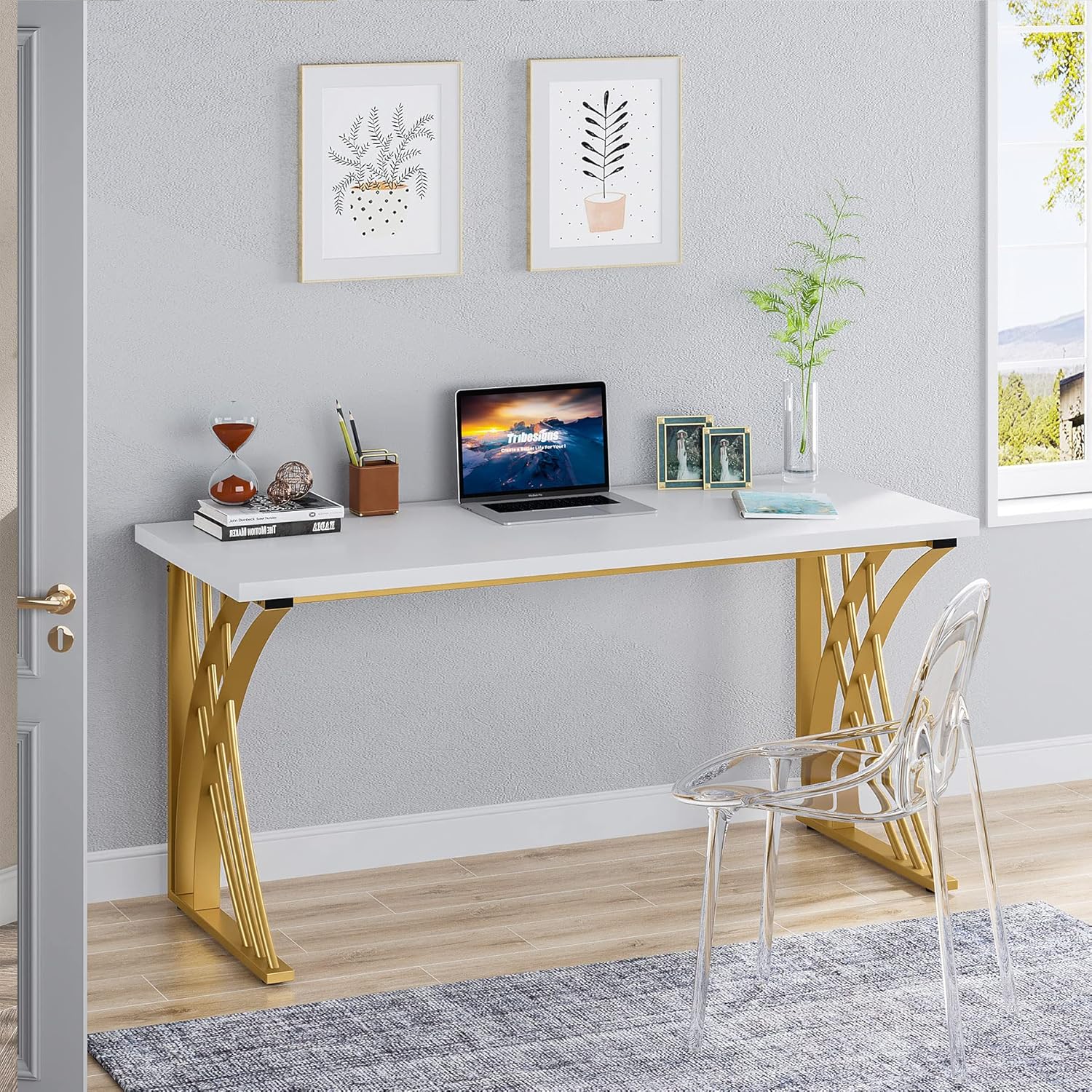 LITTLE TREE 55'' Large Modern Computer Desk, White & Gold Luxury Laptop PC Student Table, Makeup Vanity Table with Thick Frame & Strong Legs, Sturdy Writing Workstation for Home & Office