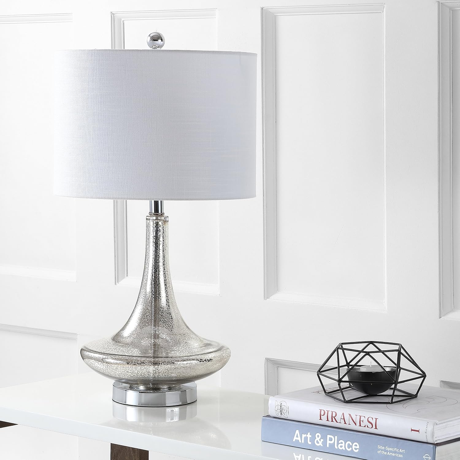 JONATHAN Y 25.5' Mercury Silver Glass Teardrop Table Lamp Set of 2 for Bedroom, Modern Bedside Lamps for Living Room, White Linen Drum Shade, LED Bulbs Included JYL1081A-SET2