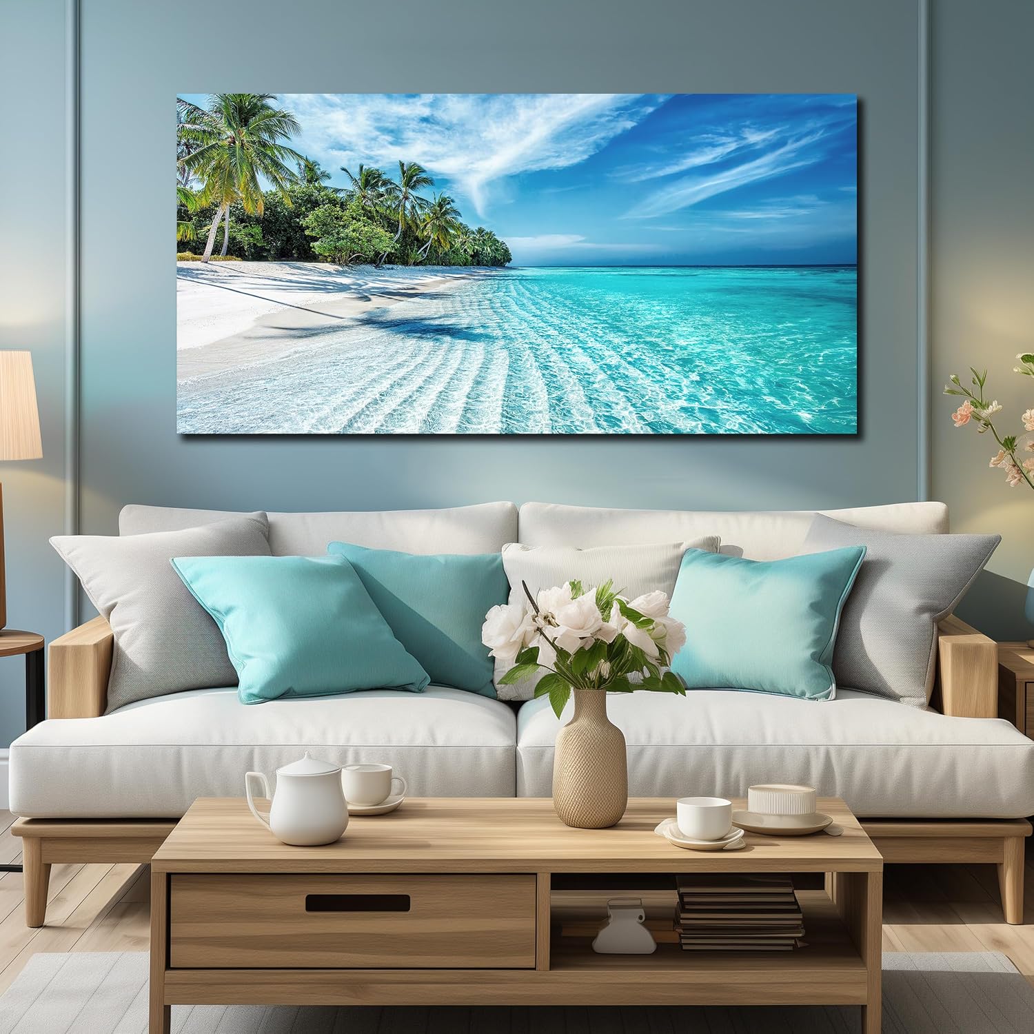 Blue Beach Theme Bedroom Decor Large Living Room Wall Art Beach Landscape Print Picture Decoration Ready to Hang 29 x 58 Inch