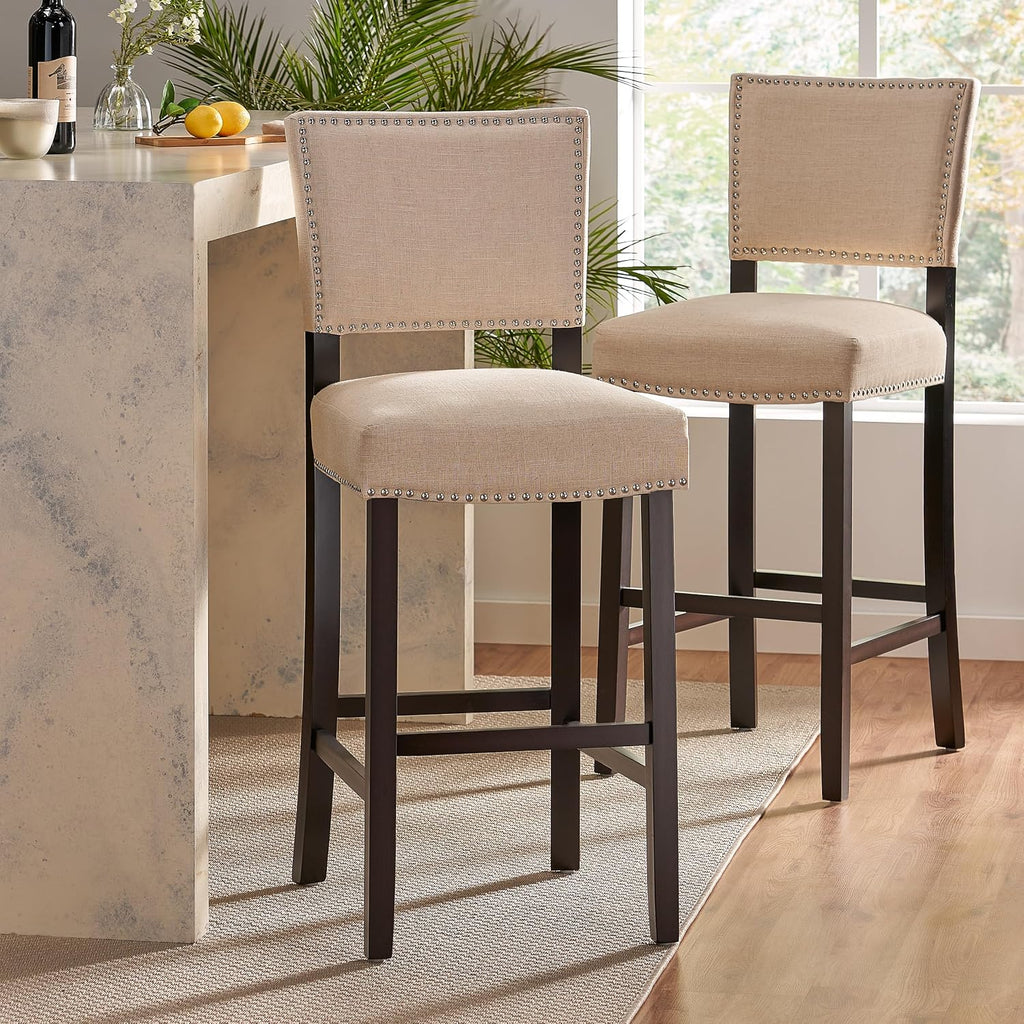 GOWE Barstools with Rivet Decoration Set of 2, Wood Frame,Fabric Sponge Cushion and Upholstered Barstools, Bar Chairs for Kitchen Island,Bedroom,Dining Room.
