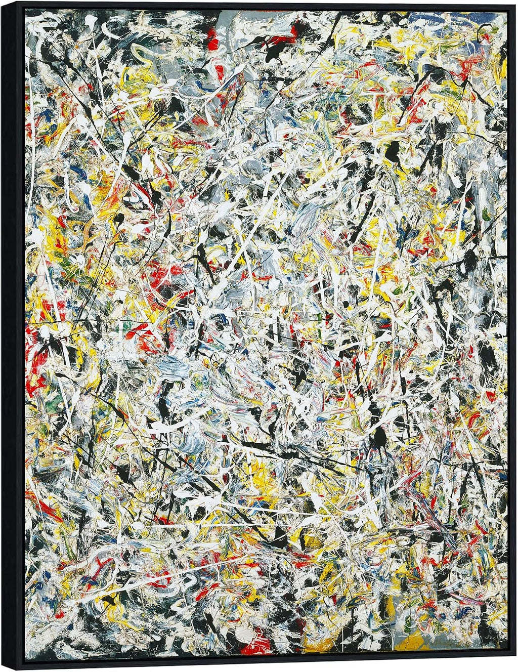 INVIN ART Framed Canvas Wall Art White Light by Jackson Pollock, Abstract Drip Painting, Modern Print for Living Room Home Office(Black Slim Frame, 28'x40')