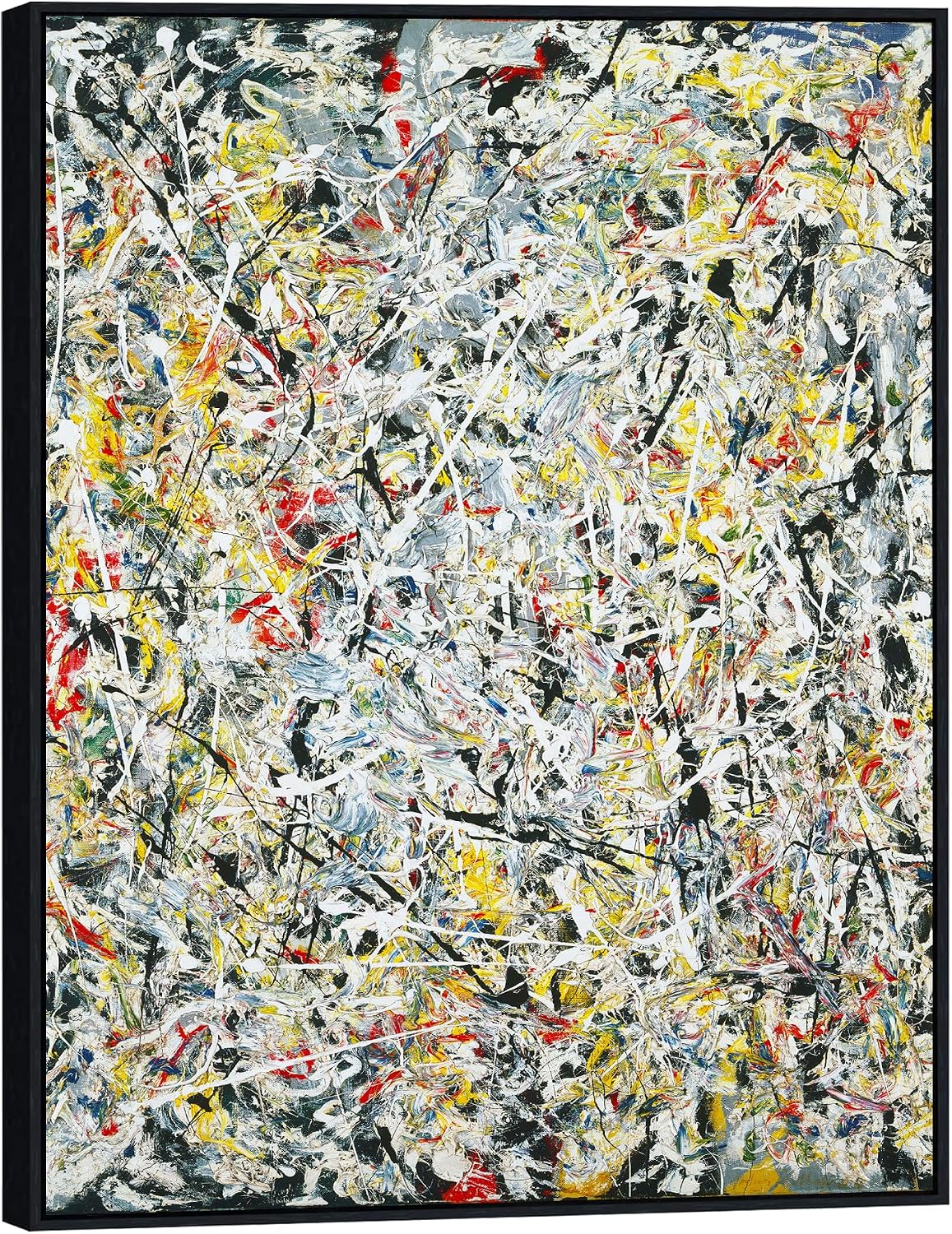 INVIN ART Framed Canvas Wall Art White Light by Jackson Pollock, Abstract Drip Painting, Modern Print for Living Room Home Office(Black Slim Frame, 28'x40')