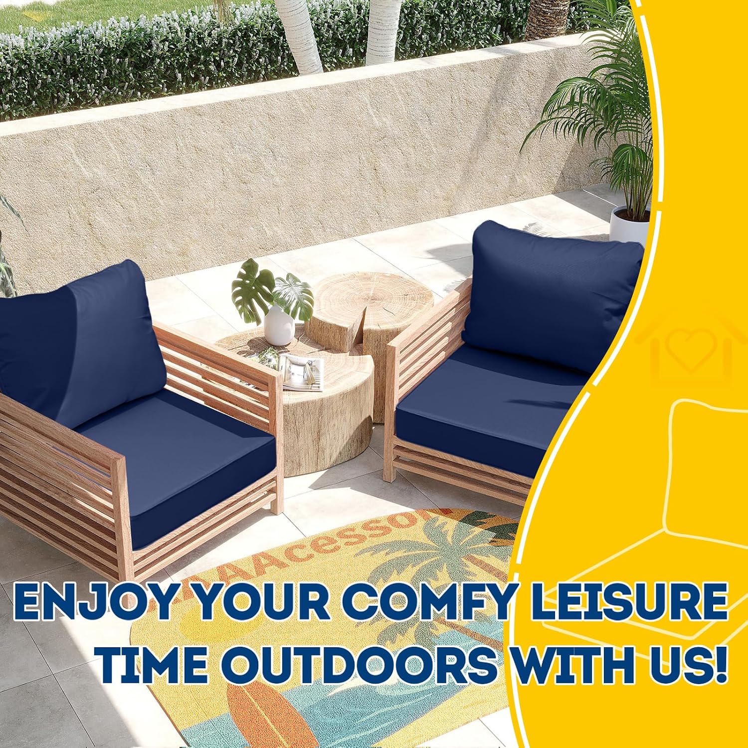 AAAAAcessories Outdoor Deep Seat Cushions, Waterproof, Fade-Resistant Patio Furniture Replacement Cushions, 25.5' x 25.5' x 5' + 25.5' x 19', Set of 4, Navy Blue