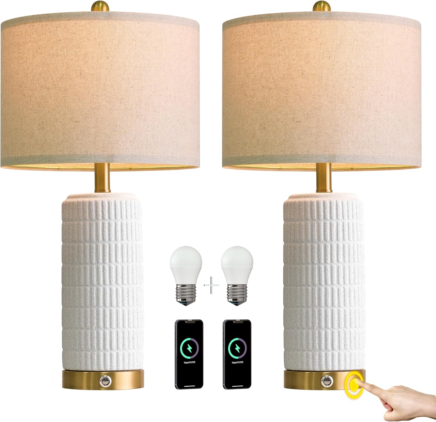 PoKat Stone-Like Ceramic Table Lamps with USB Ports for Bedroom, 25'' Matte-White Dimmable Nightstand Touch Lamps for Night Stands with Gold Base, Farmhouse Lamps for Living Room End Side Table