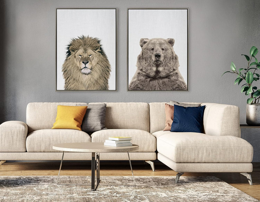 Kate and Laurel Sylvie Bear European Color Framed Canvas Wall Art by Simon Te of Tai Prints; 28x38 Gray; Rustic Animal Wall Decor Art