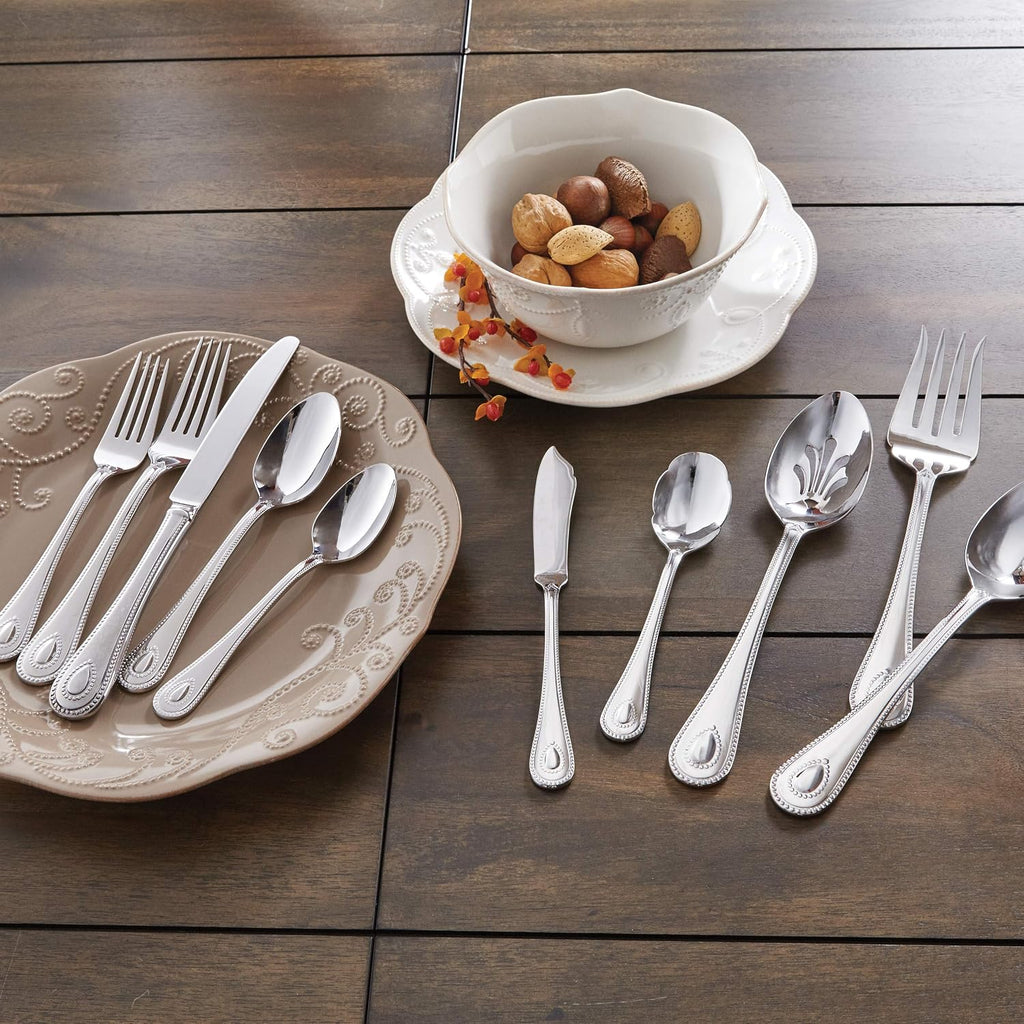 Lenox Silverware Set For 12, French Perle 65-Piece Flatware Set with Serving Utensils, Service For 12, Elegant 18/10 Stainless Steel Utensils with Beading, Knives Spoons & Forks (Silver, 65 Piece)