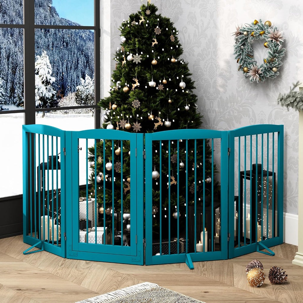 PUPETPO Freestanding Dog Gates with Door Walk Through, Pet Gate for Stairs, 80 inch Wide Gates Indoor, Dog Fences Indoor, Support Feet Included, 4 Panels, 32' Tall, Blue