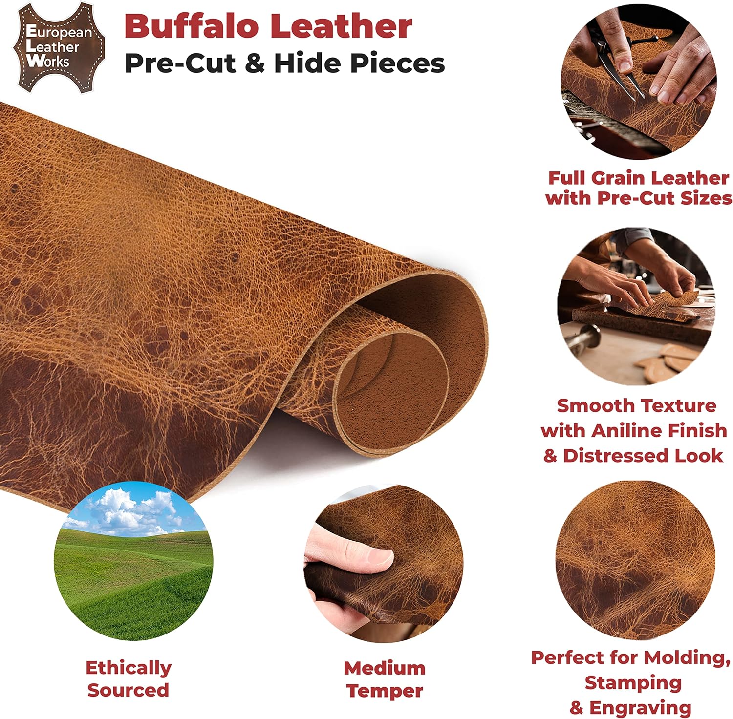 European Leather Work Buffalo Hide 8-10 oz (3-4mm) | Pre-Cut Size: 2 PCS 2.5-4 SQ FT | Vintage Tan - Full Grain Leather for Tooling, Stamping, Molding, Engraving
