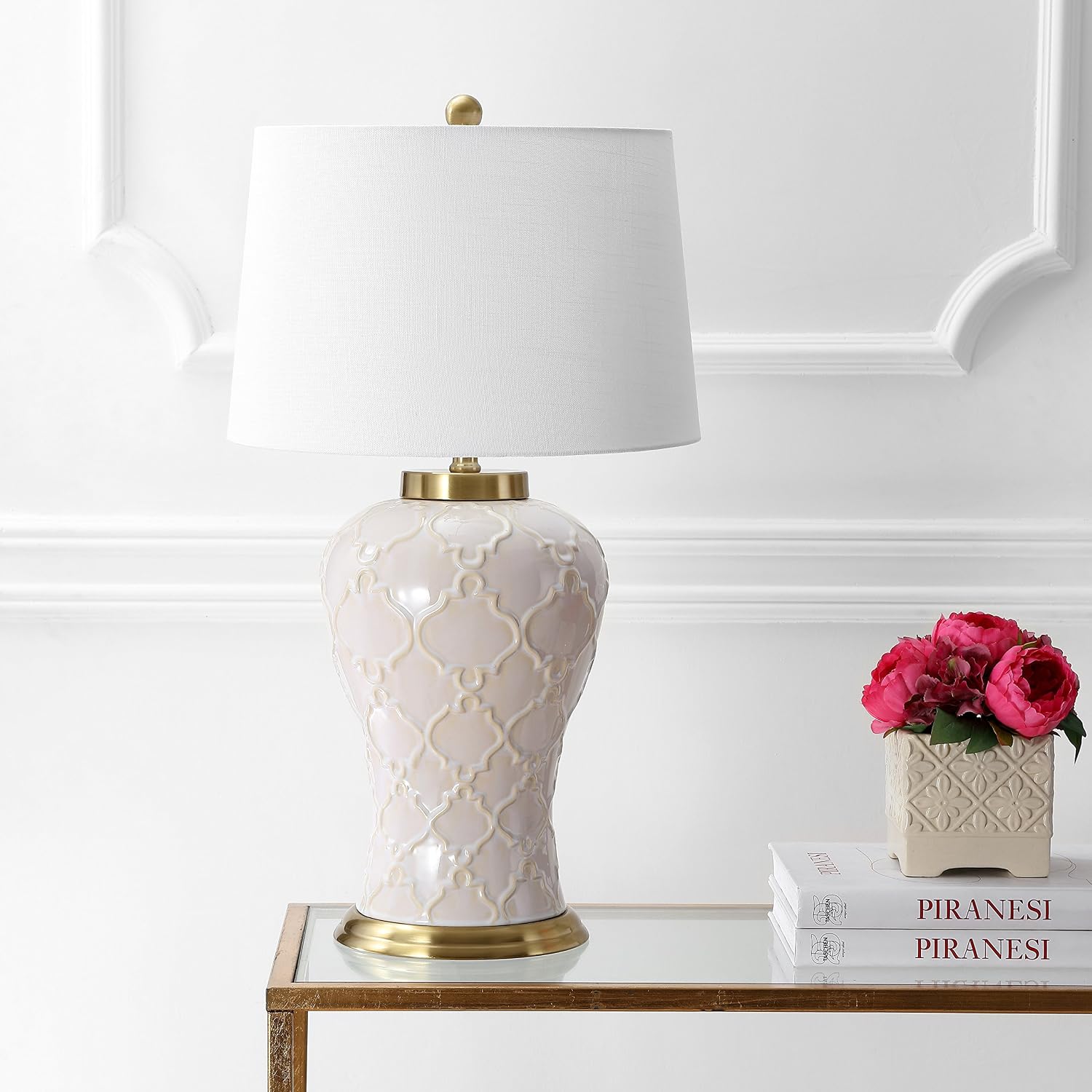 JONATHAN Y 29' Cream Textured Ceramic Table Lamp, Transitional Quatrefoil Trellis Design with White Linen Drum Shade and Brass Accents for Living Room, LED Bulb Included JYL4024A