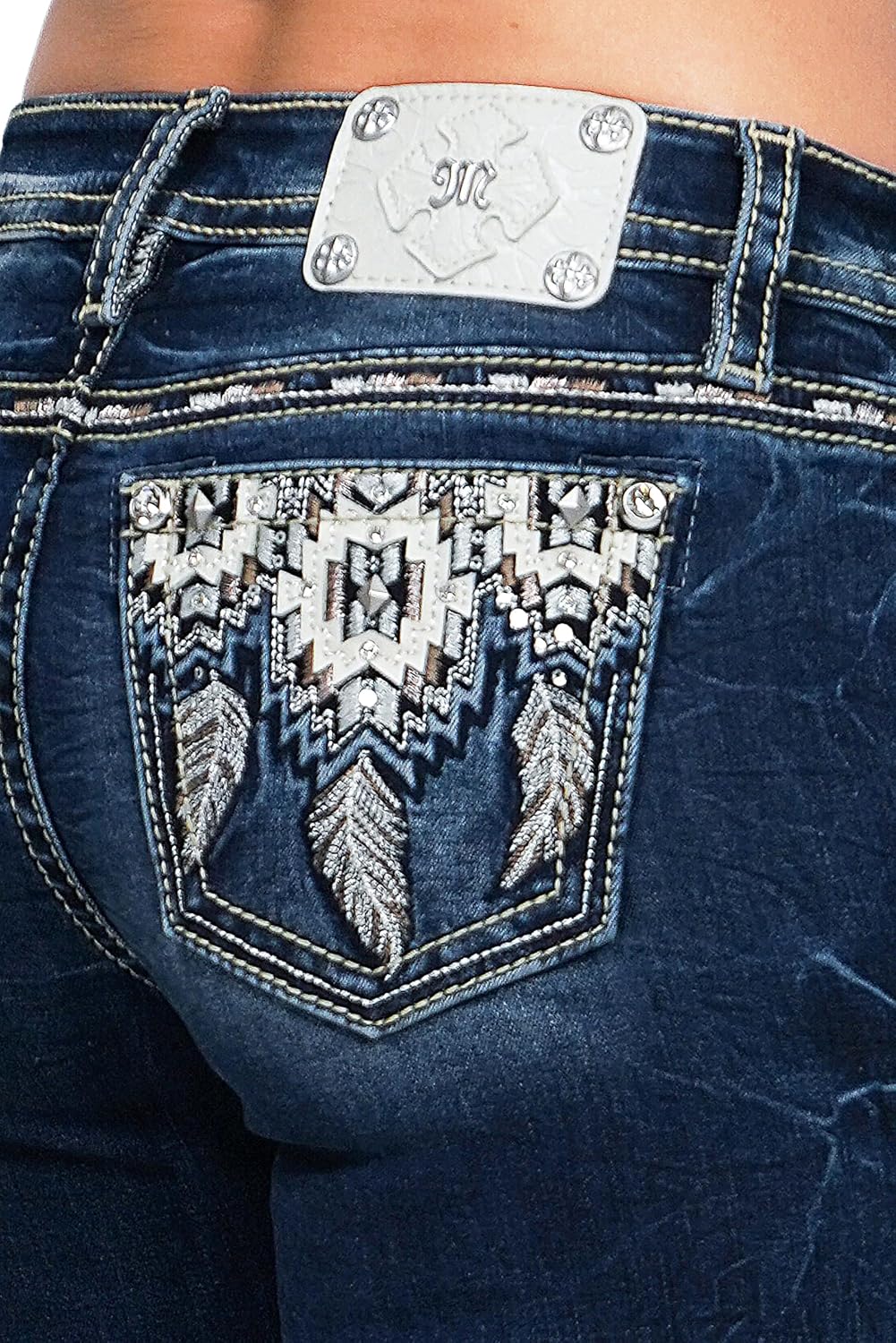 Miss Me Women's Reverie Dreams Dreamcatcher Embellished Pockets Mid-Rise Bootcut Jeans