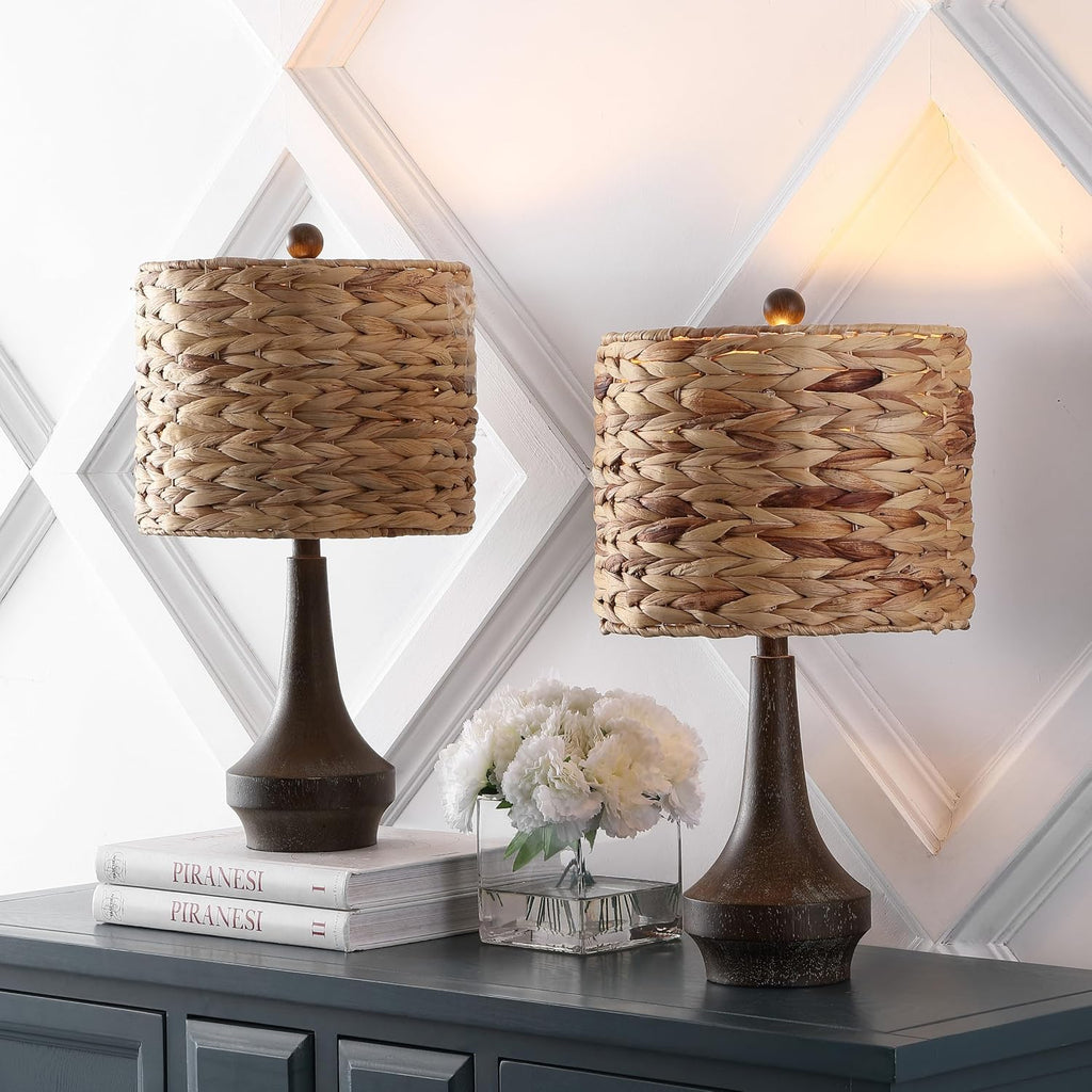 JONATHAN Y 21' Brown Wood Finish Resin Gourd Table Lamp Set of 2, Rustic Farmhouse Handwoven Water Hyacinth Shade, Southwestern Bedside Lamp for Bedroom, LED Bulbs Included JYL4051A-SET2