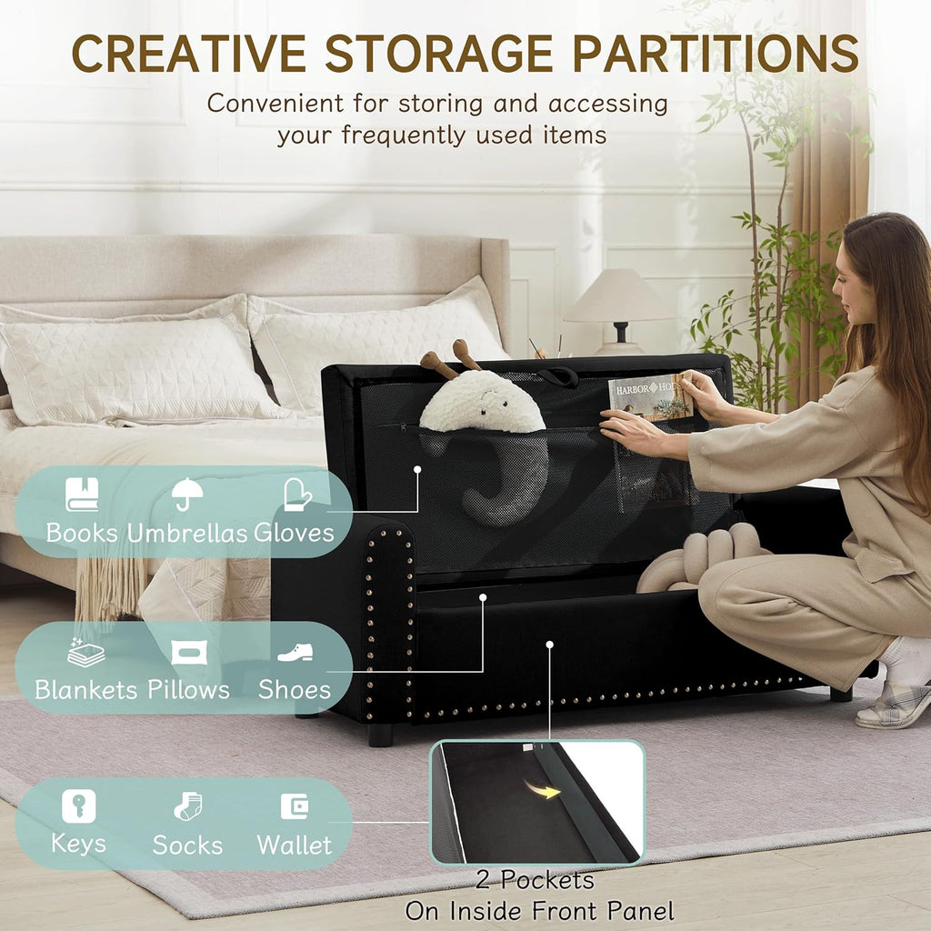 Ottoman with Storage, Tufted Storage Bench for Bedroom, 48' Fabrics End of Bed Bench, Upholstered Entryway Shoe Benches with Rolled Arm & Inner Zipper, Window Ottomans Chest with Rivets, Black