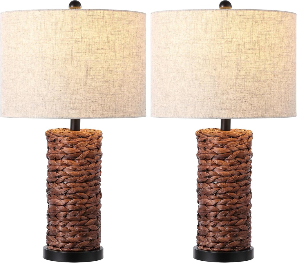JONATHAN Y 25' Dark Brown Coastal Water Hyacinth Table Lamp Set of 2, Bedside Lamp with Light Grey Linen Shade, Boho Farmhouse Decor for Living Room Nightstand, LED Bulbs (JYL6502B-SET2)
