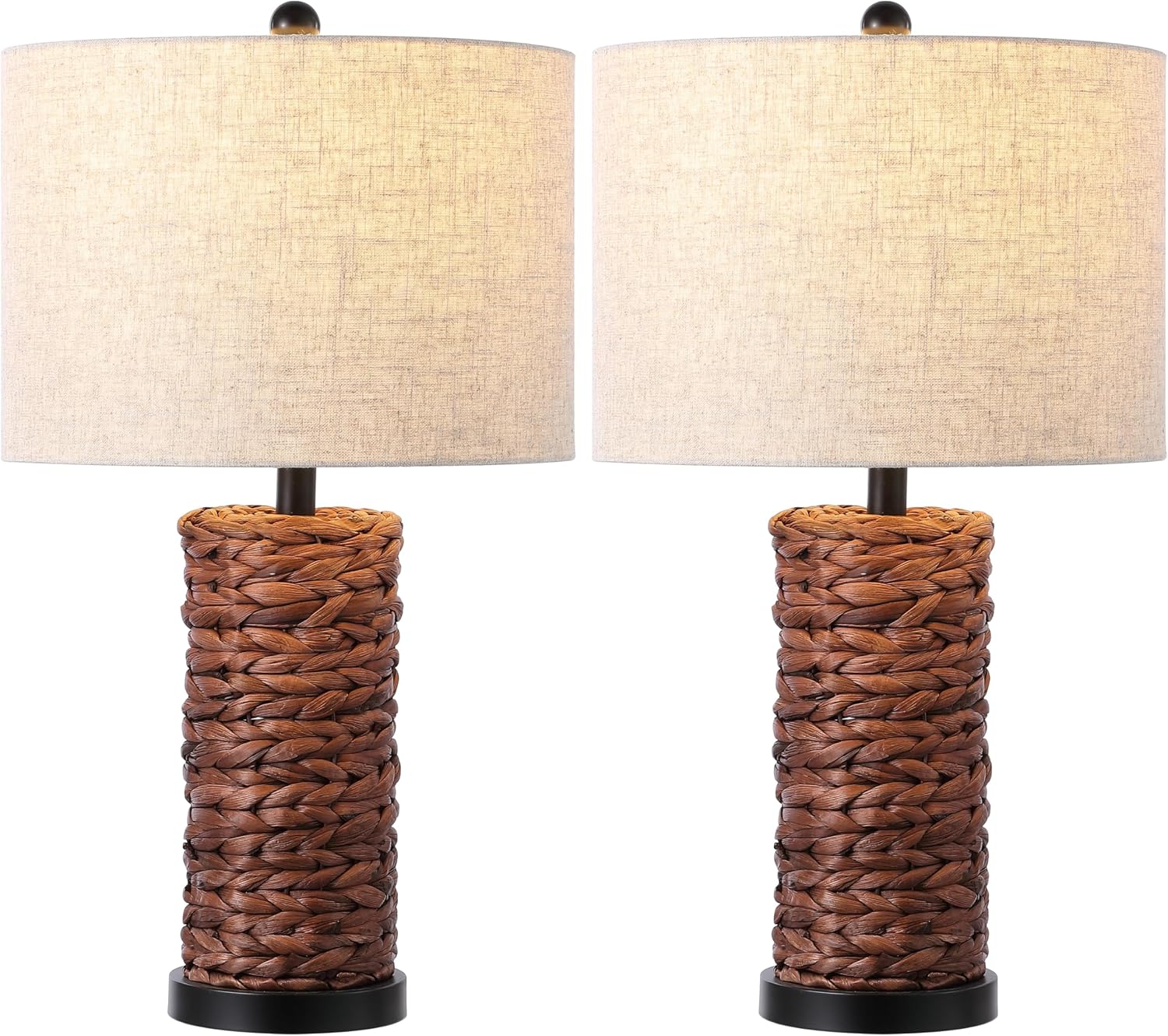 JONATHAN Y 25' Dark Brown Coastal Water Hyacinth Table Lamp Set of 2, Bedside Lamp with Light Grey Linen Shade, Boho Farmhouse Decor for Living Room Nightstand, LED Bulbs (JYL6502B-SET2)