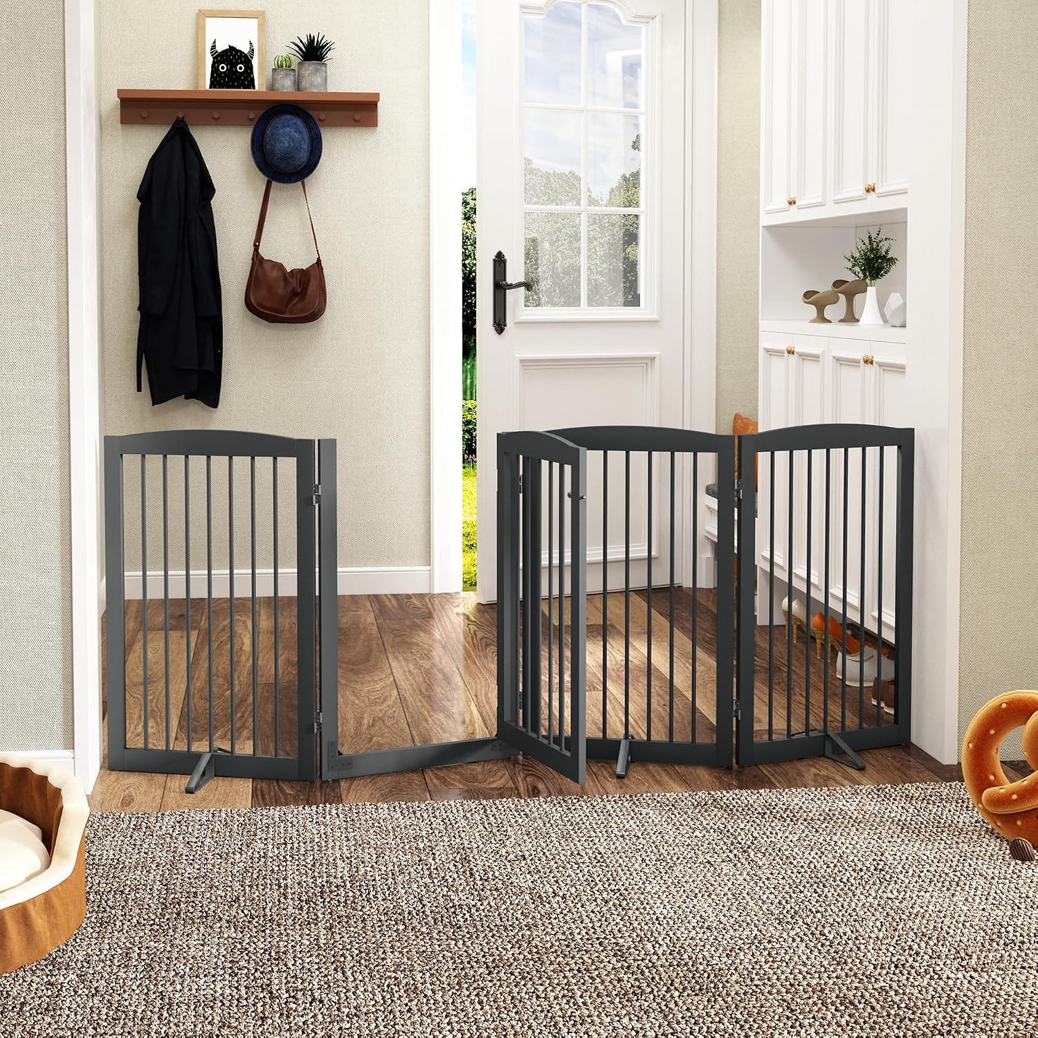PUPETPO Freestanding Dog Gates with Door Walk Through, Pet Gate for Stairs, 80 inch Wide Gates Indoor, Dog Fences Indoor, Support Feet Included, 4 Panels, 32' Tall, Grey