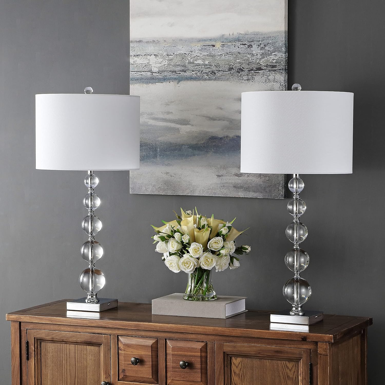 SAFAVIEH Lighting Collection – Set of 2 Liam Stacked Crystal Ball 29-Inch Table Lamps with USB Ports, LED Bulbs Included, Bedroom Living Room Home Office (LIT4112A-SET2-U)