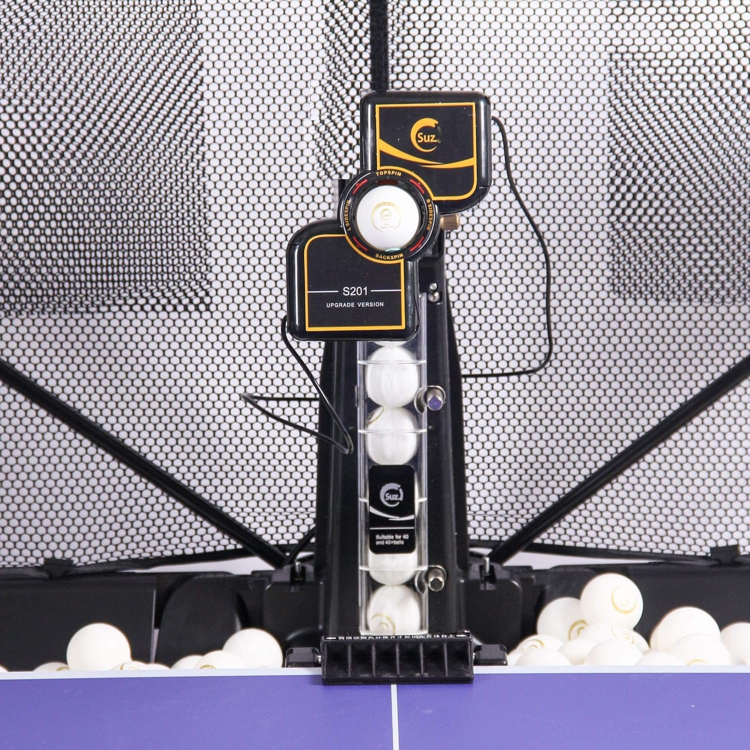 Suz Table Tennis Robot with Net Ping Pong Ball Machine S201 Automatic Machine for Training with 40mm+ Table Tennis Balls | easy to assemble,Lots of options for spin, speed and oscillation,with machine recycling net, don't need to pick up balls