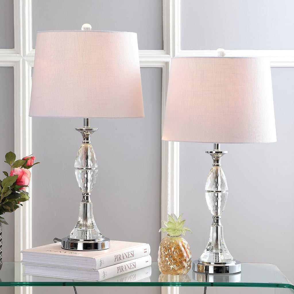 JONATHAN Y 25.5' Clear/Chrome Crystal Table Lamp Set of 2 for Bedroom, Traditional French Country Lamps for Living Room, White Linen Drum Shade, LED Bulbs Included JYL2041A-SET2