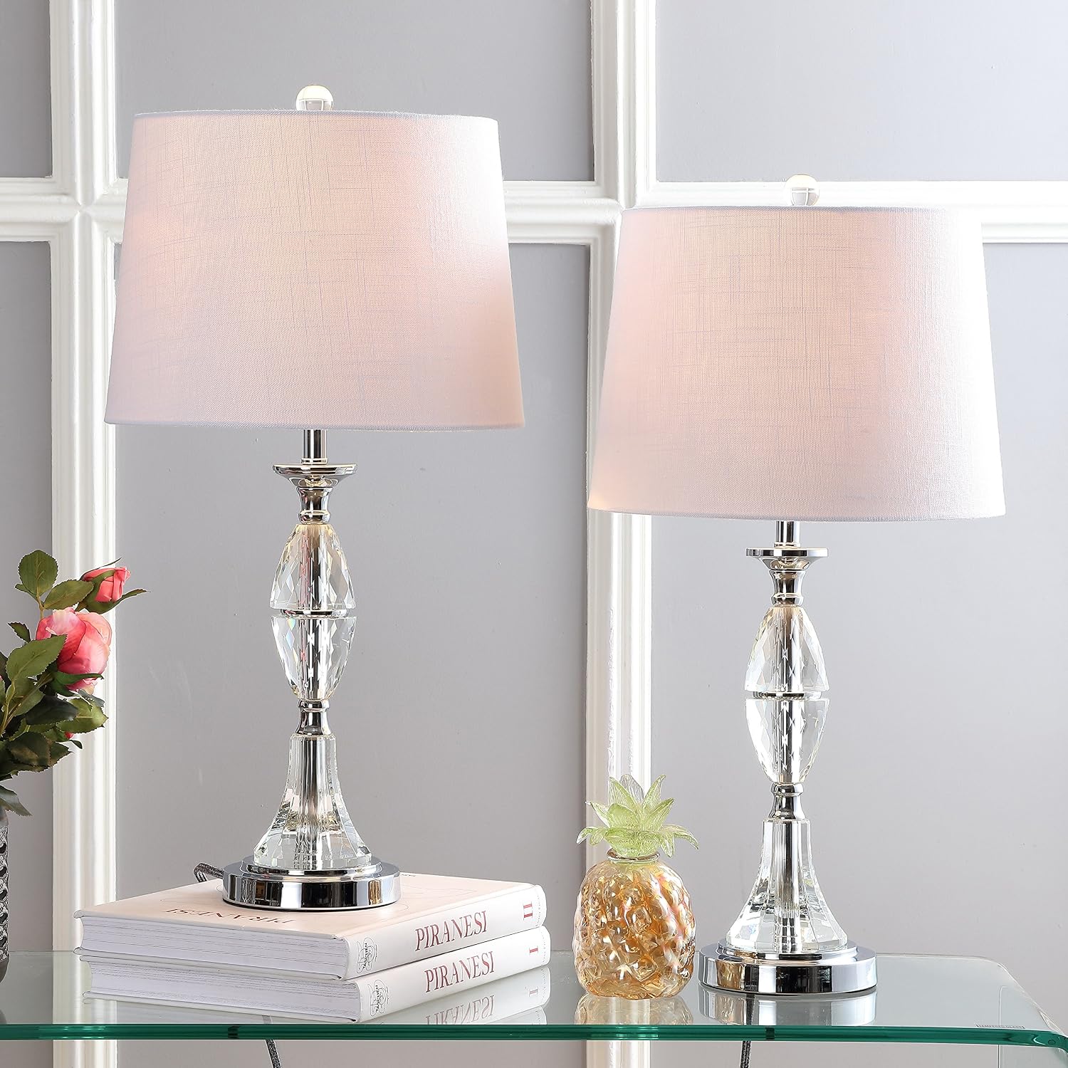 JONATHAN Y 25.5' Clear/Chrome Crystal Table Lamp Set of 2 for Bedroom, Traditional French Country Lamps for Living Room, White Linen Drum Shade, LED Bulbs Included JYL2041A-SET2