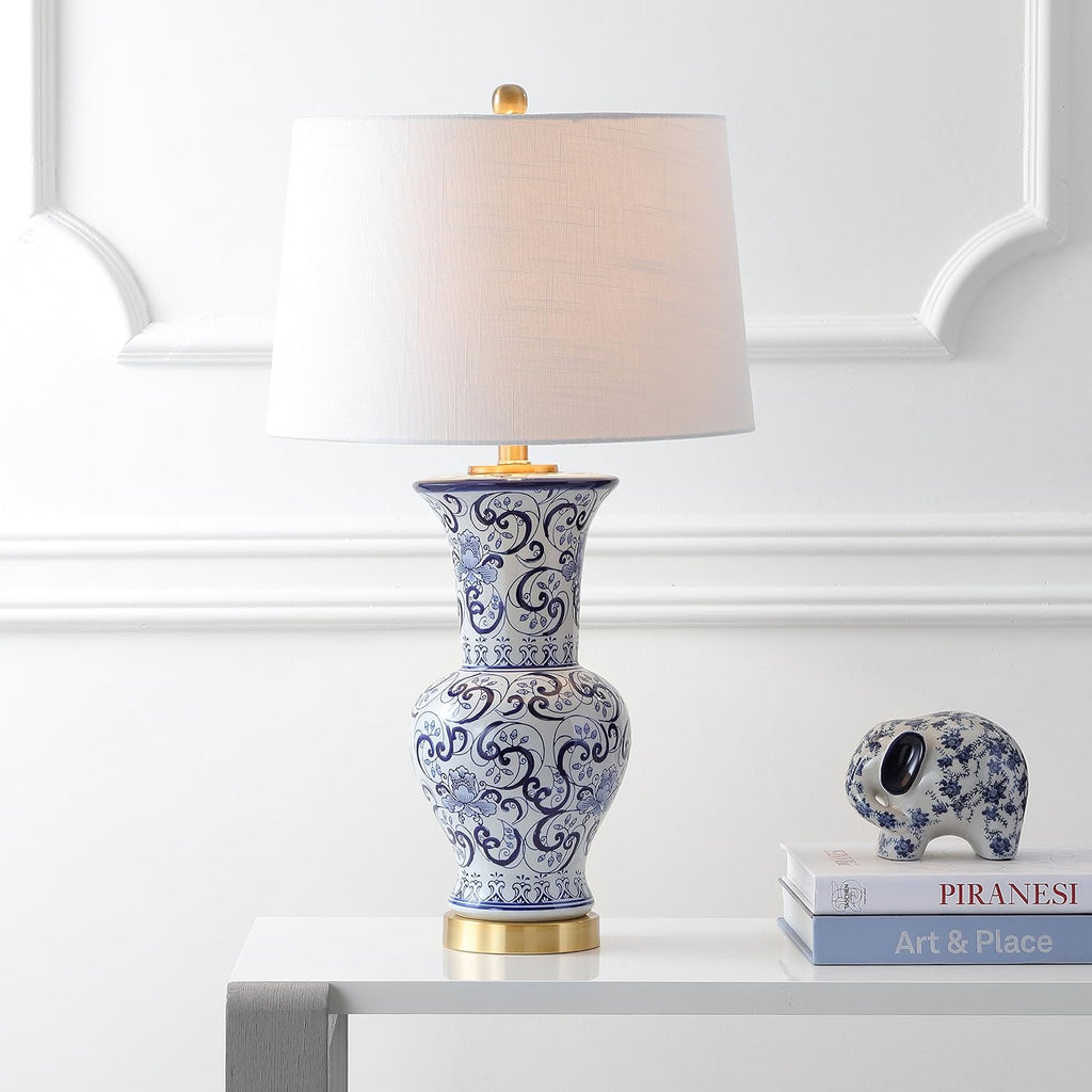 JONATHAN Y 28.5' Blue/White Chinoiserie Ceramic LED Table Lamp, Traditional Hand-Painted Floral Vase Lamp for Living Room, White Linen Shade, LED Bulb Included JYL5014A