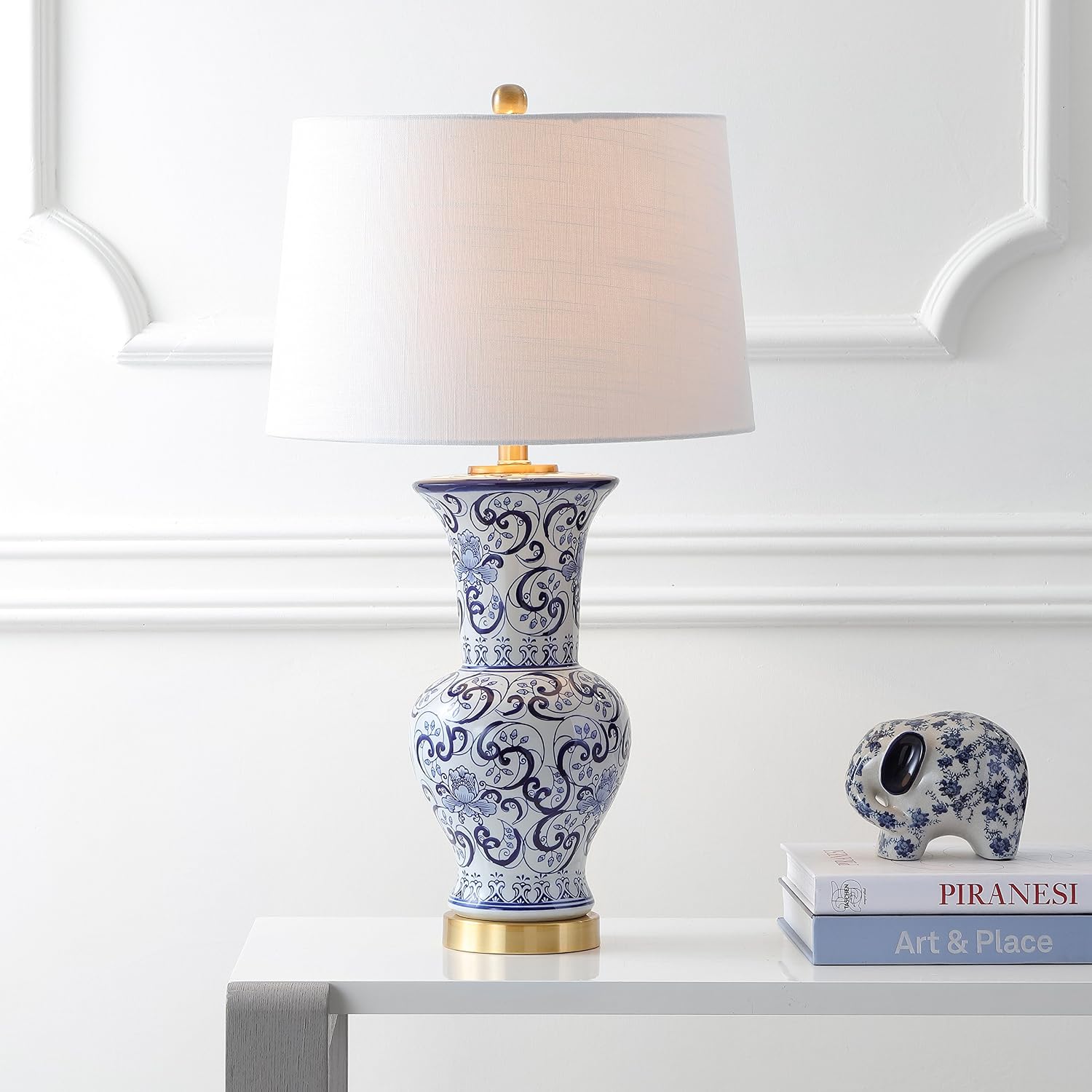 JONATHAN Y 28.5' Blue/White Chinoiserie Ceramic LED Table Lamp, Traditional Hand-Painted Floral Vase Lamp for Living Room, White Linen Shade, LED Bulb Included JYL5014A