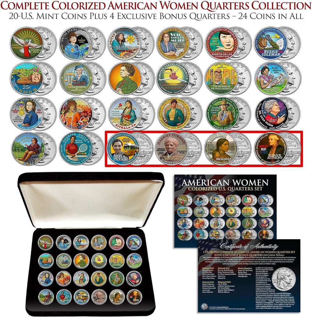 Colorized Complete 24-Coin U.S. American Women Quarters Collection – Includes All 20 Official Women Quarters (2022-2025) + 4 Exclusive Bonus Women Coins – Deluxe Display Box & Certificate