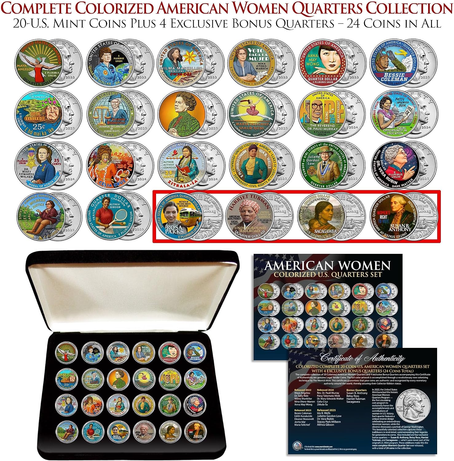 Colorized Complete 24-Coin U.S. American Women Quarters Collection – Includes All 20 Official Women Quarters (2022-2025) + 4 Exclusive Bonus Women Coins – Deluxe Display Box & Certificate