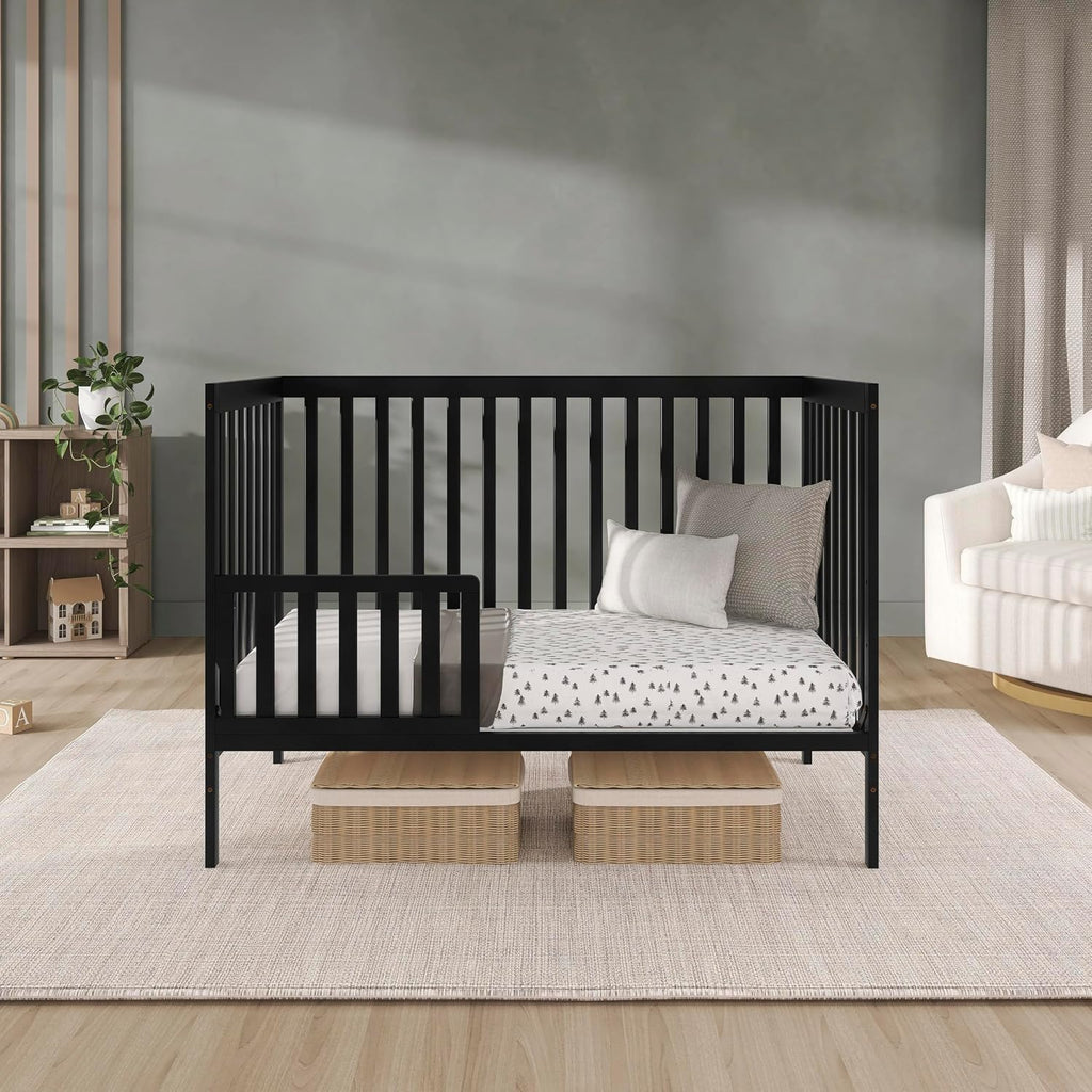 Dream On Me Synergy 5-in-1 Convertible Full-Size Baby Crib with Toddler, Day & Full Bed Conversion in Black, GreenGuard Gold & BSA, 3 Mattress Heights, Sustainable Pinewood