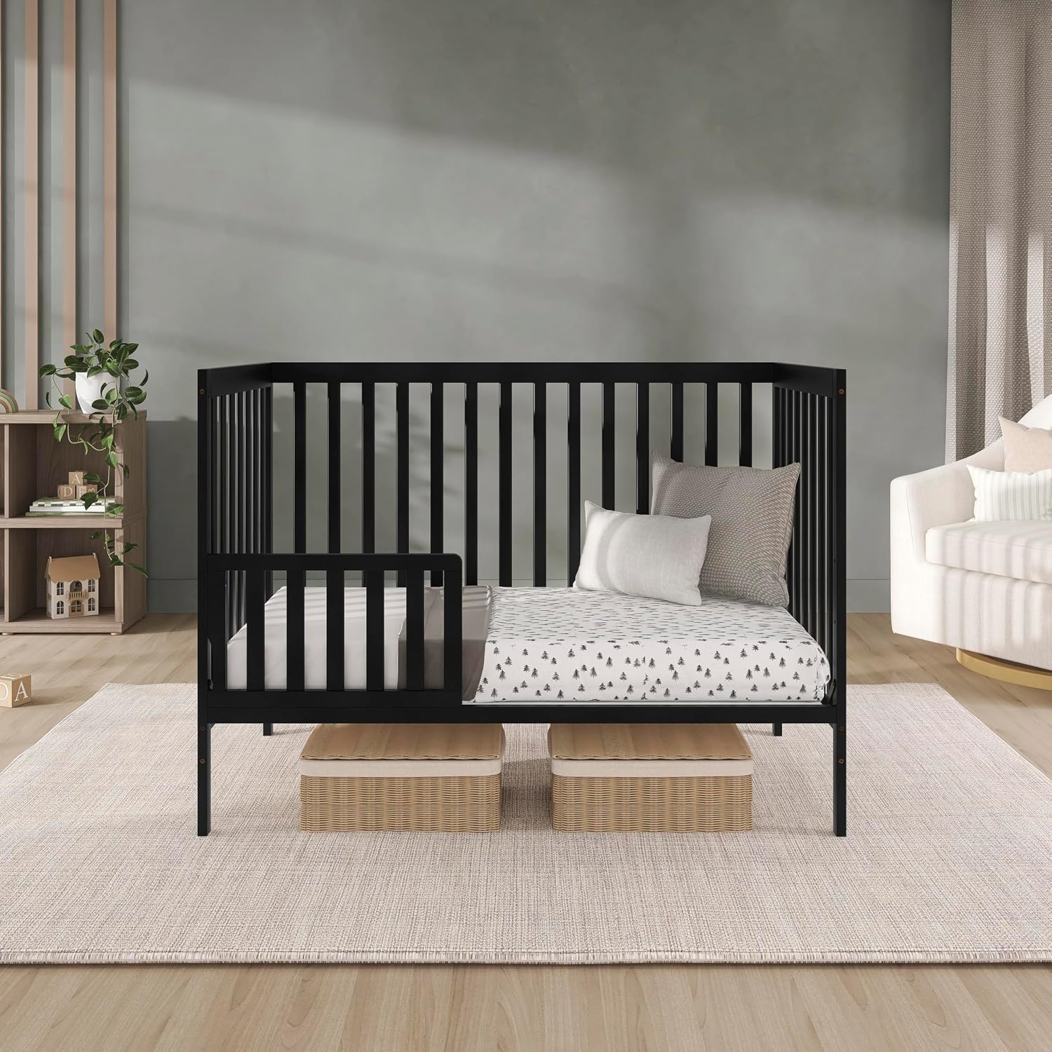 Dream On Me Synergy 5-in-1 Convertible Full-Size Baby Crib with Toddler, Day & Full Bed Conversion in Black, GreenGuard Gold & BSA, 3 Mattress Heights, Sustainable Pinewood