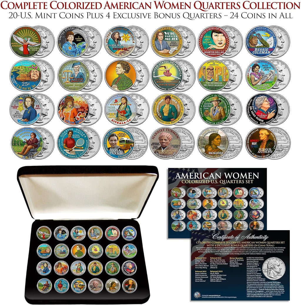 Colorized Complete 24-Coin U.S. American Women Quarters Collection – Includes All 20 Official Women Quarters (2022-2025) + 4 Exclusive Bonus Women Coins – Deluxe Display Box & Certificate