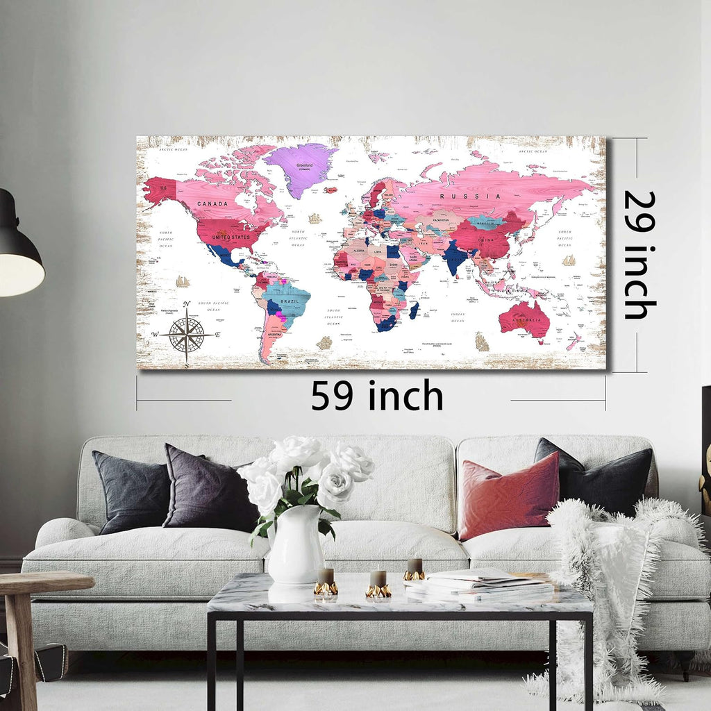 ZHAOSHOP Large World Map Canvas Wall-Art - Wall Decor For Girls Bedroom - Pink pictures Wall Decor Ready To Hang Size 59' x 29'