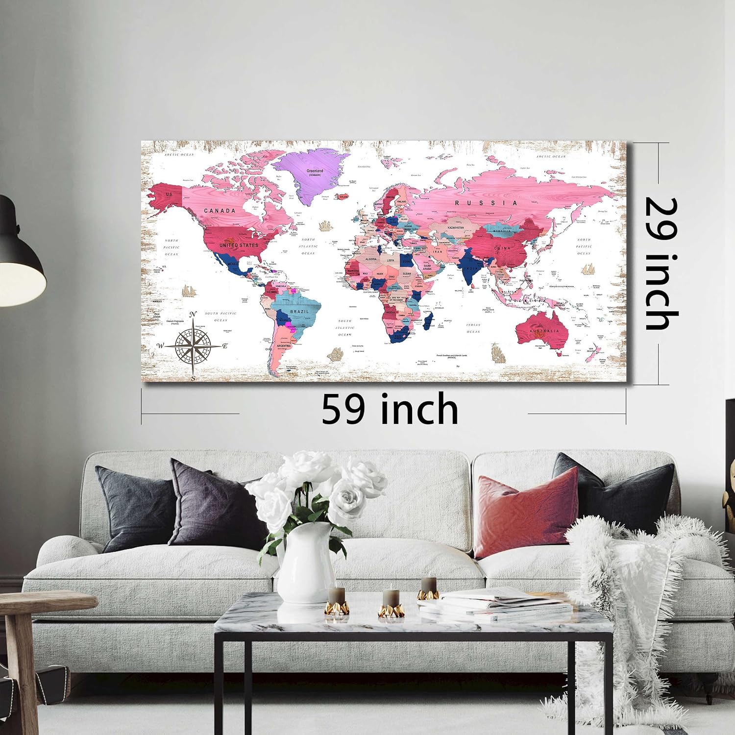 ZHAOSHOP Large World Map Canvas Wall-Art - Wall Decor For Girls Bedroom - Pink pictures Wall Decor Ready To Hang Size 59' x 29'