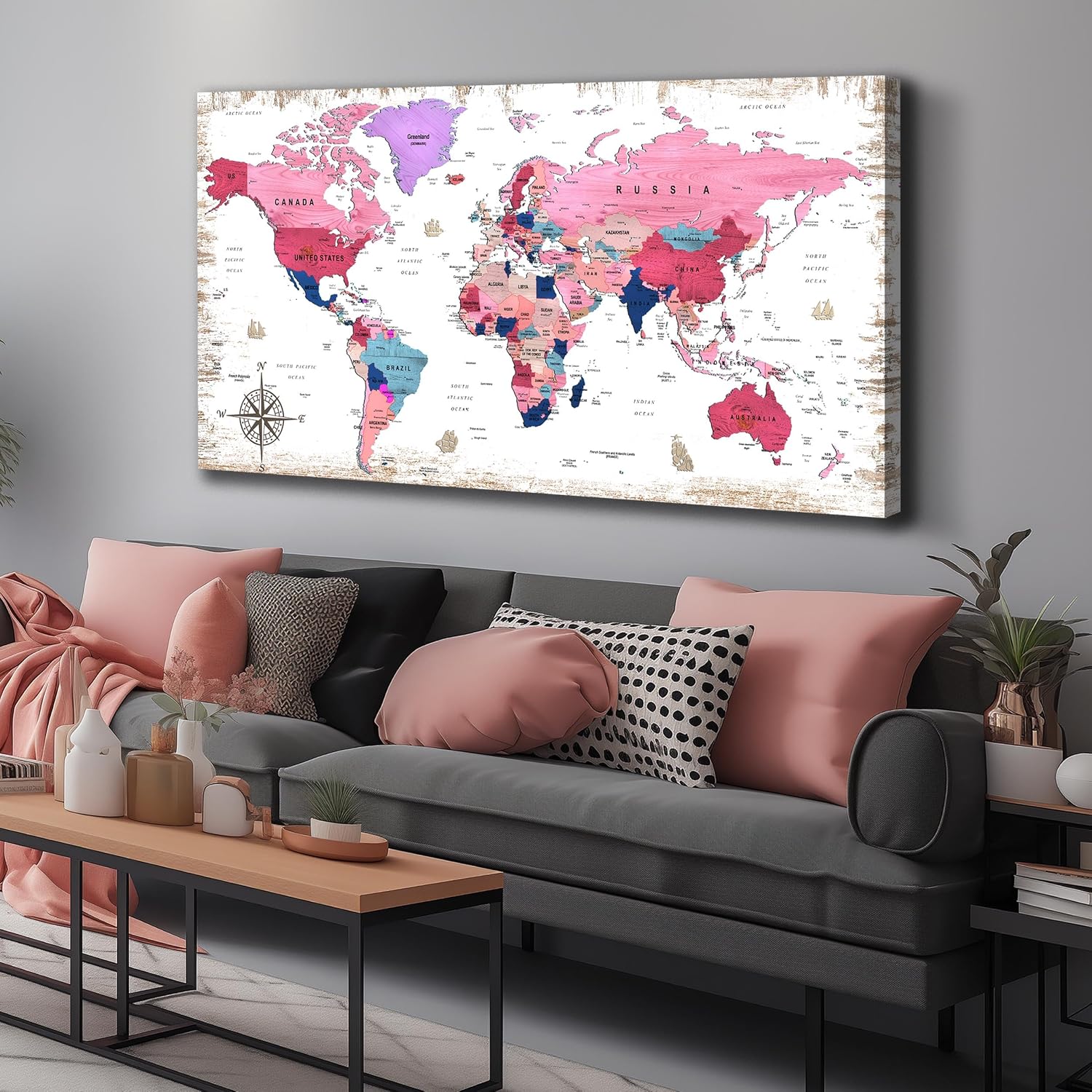ZHAOSHOP Large World Map Canvas Wall-Art - Wall Decor For Girls Bedroom - Pink pictures Wall Decor Ready To Hang Size 59' x 29'