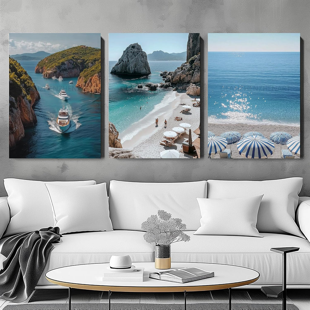 LANZHENZHENART 3Pcs European Coastal Beach Wall Art Greece Travel Picture Canvas Painting Prints For Home Dining Room Living Room Wall Decor Poster Artwork(20' x 30' x 3 Panels Framed)