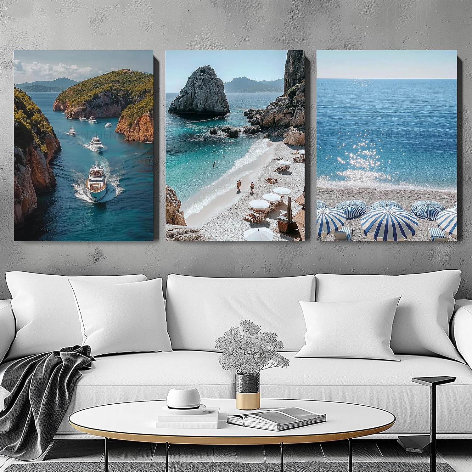 LANZHENZHENART 3Pcs European Coastal Beach Wall Art Greece Travel Picture Canvas Painting Prints For Home Dining Room Living Room Wall Decor Poster Artwork(20' x 30' x 3 Panels Framed)