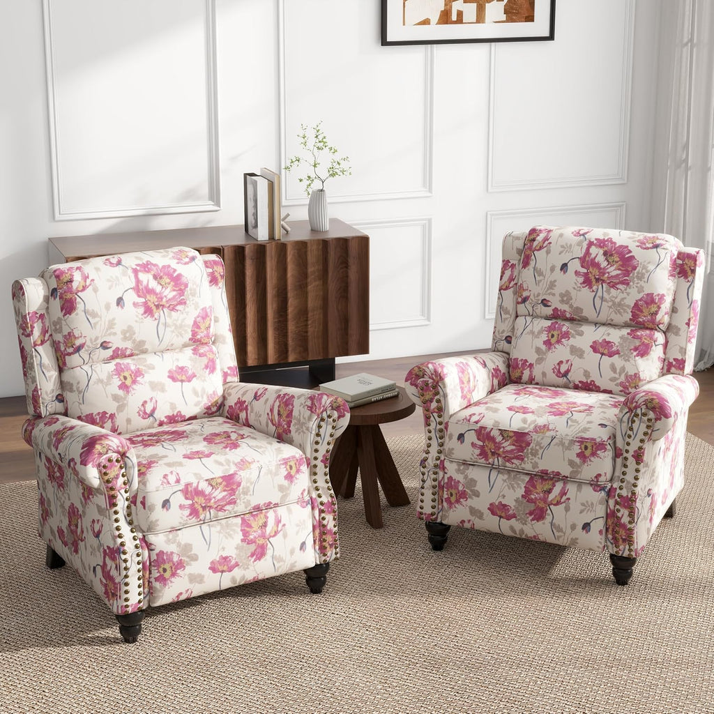 Floral Pushback Recliner Chairs Set of 2, Fabric Overstuffed Armchair Push Back Accent Chair for Living Room, Rivet Trim Club Chair Home Theater Single Sofa Bedroom Reading Seat