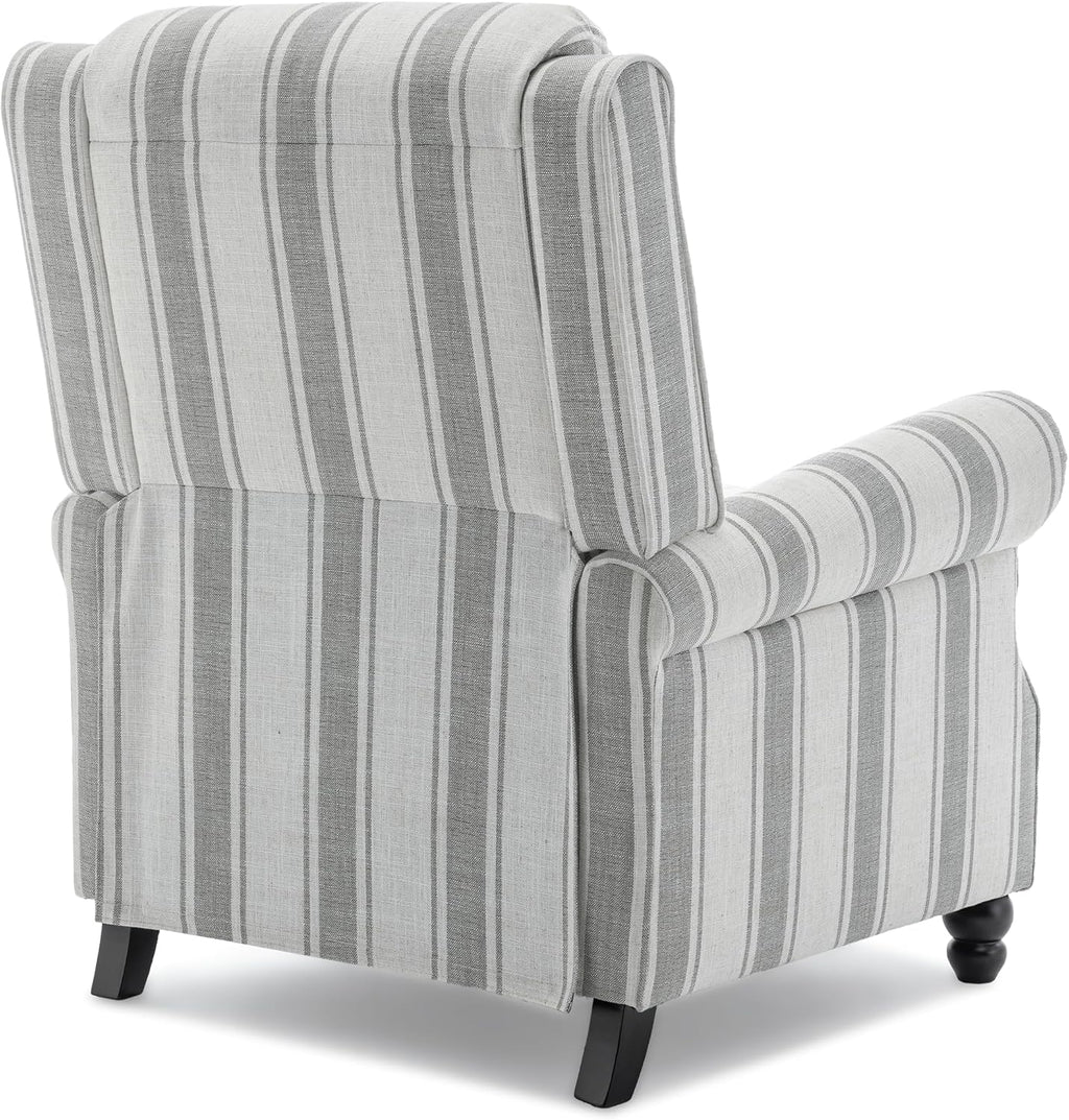 Pushback Recliner Chair, Comfy Fabric Wingback Recliner Chair, Upholstered Armchair Push Back Recliner with Wood Legs, Rivet Trim Single Sofa Accent Chair for Living Room, Bedroom, Gray Stripe
