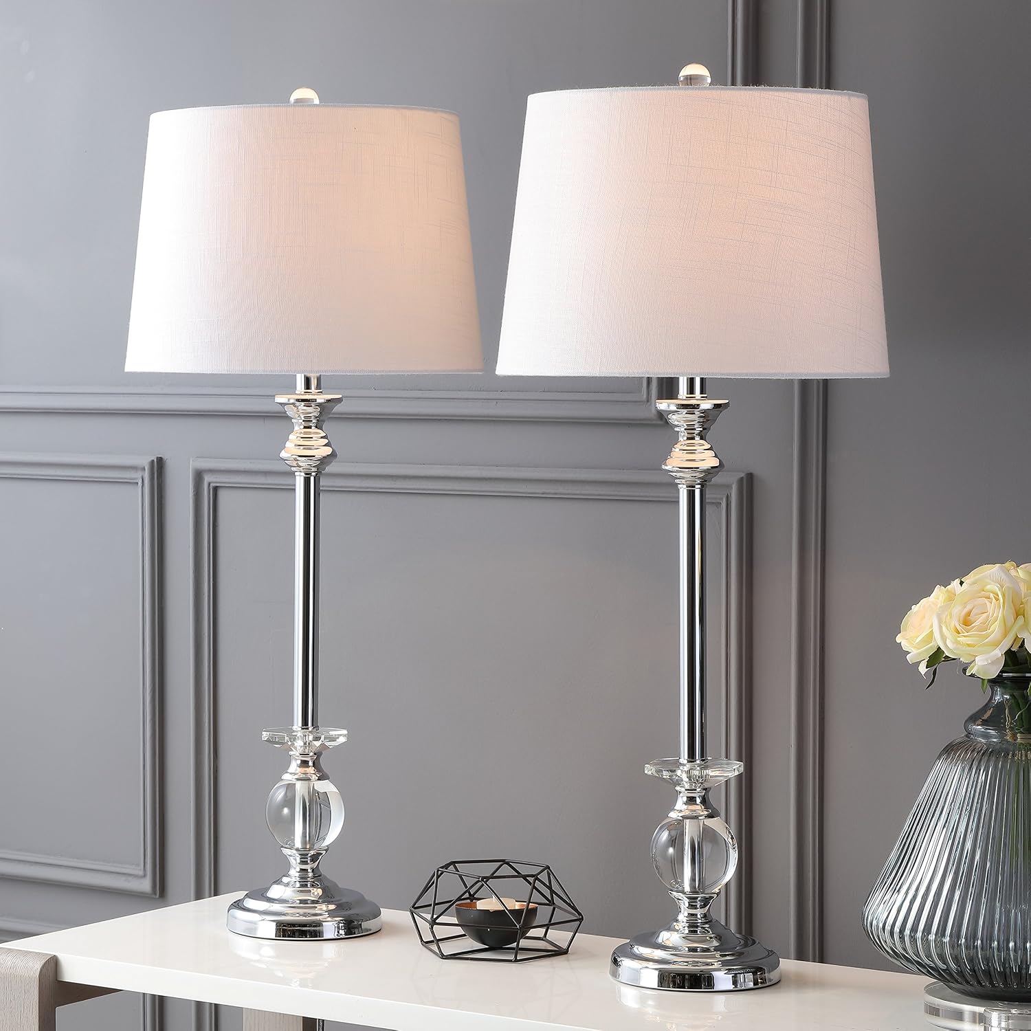 JONATHAN Y 33' Crystal and Chrome LED Table Lamp Set of 2, Contemporary Clear Metal Lamps for Living Room Bedroom, White Linen Drum Shade, LED Bulbs Included, UL Listed JYL2056A-SET2