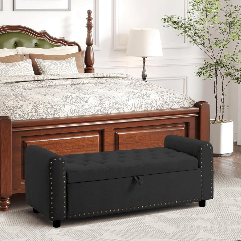Ottoman with Storage, Tufted Storage Bench for Bedroom, 48' Fabrics End of Bed Bench, Upholstered Entryway Shoe Benches with Rolled Arm & Inner Zipper, Window Ottomans Chest with Rivets, Black