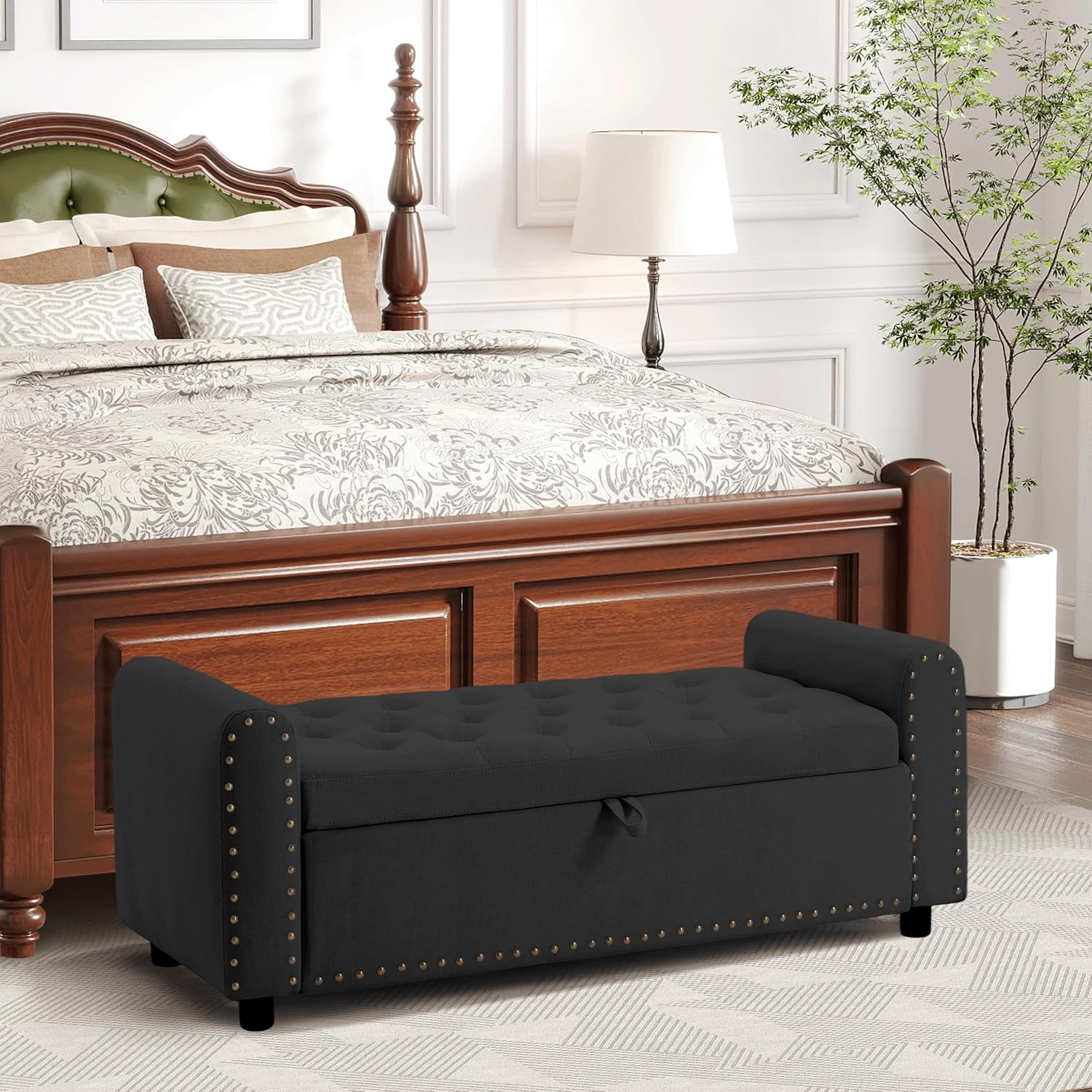 Ottoman with Storage, Tufted Storage Bench for Bedroom, 48' Fabrics End of Bed Bench, Upholstered Entryway Shoe Benches with Rolled Arm & Inner Zipper, Window Ottomans Chest with Rivets, Black